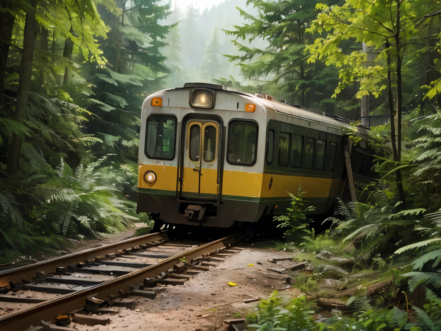 A train car has fallen into the forest where there are no tracks.
