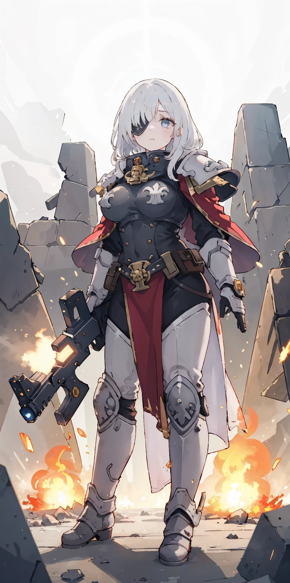 (masterpiece:1.2), (best quality:1.2), perfect eyes, perfect face, perfect lighting, 1girl, mature whsororitas with a laser rifle in her hands, scar over one eye, eyepatch, red tabard, white hair, warhammer 40k, chaos, fire, scifi, detailed ruined city background, power armor