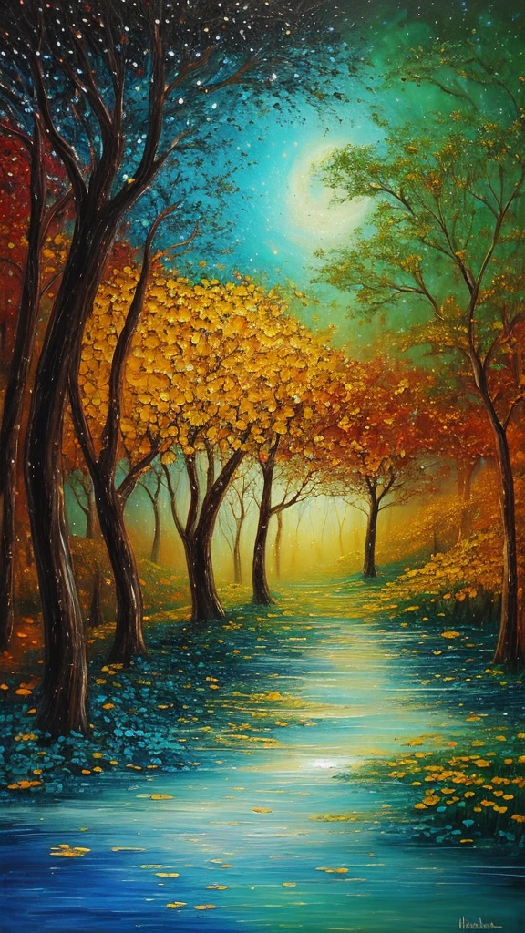 Description of the work:
Imagine uma paisagem celestial onde os elementos da natureza se fundem em perfeita harmonia. in the center of the composition, There is a majestic tree with golden leaves that shine like stars. The tree's branches stretch gracefully to the sky, onde a lua e as estrelas cintilam em tons de azul e prata.
Cores e Texturas:
A paleta de cores inclui tons suaves de azul, dourado e prateado, creating an ethereal and heavenly atmosphere. Textures are subtle and fluid, com pinceladas delicadas que sugerem movimento e energia.
Elementos da Natureza:
Beyond the central tree, the landscape is adorned with elements of nature, como flores brilhantes, riachos cristalinos e montanhas imponentes ao fundo. Each element is represented with precise detail and a sense of serenity and tranquility.
emotional expressions:
The work conveys a feeling of peace and serenity, convidando o espectador a contemplar a beleza da natureza e se conectar com o divino. the expressions of the characters (se houver) reflect a sense of wonder and reverence at the grandeur of the universe.
Technique and Style:
The work is created using a traditional painting technique, using layers of oil paint on canvas to create depth and texture. The style is influenced by impressionism and symbolism, combining realistic elements with a poetic and metaphorical approach.
Significado e Mensagem:
"Harmonia Celestial" represents the spiritual connection between man and nature, lembrando-nos da beleza e da grandiosidade do universo. The work invites the viewer to reflect on their own relationship with the divine and find peace and inspiration in the beauty of creation..