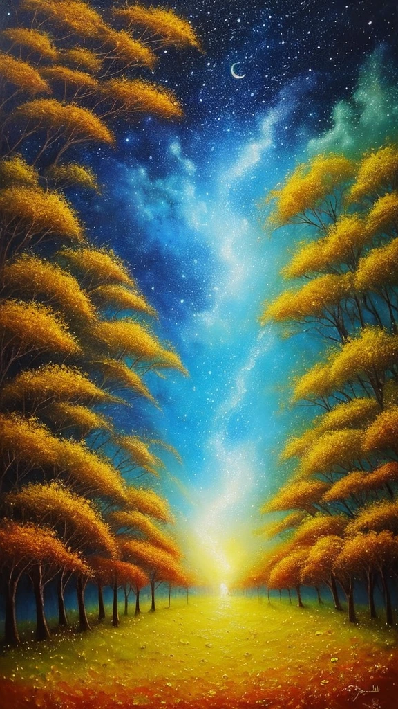 Description of the work:
Imagine uma paisagem celestial onde os elementos da natureza se fundem em perfeita harmonia. in the center of the composition, There is a majestic tree with golden leaves that shine like stars. The tree's branches stretch gracefully to the sky, onde a lua e as estrelas cintilam em tons de azul e prata.
Cores e Texturas:
A paleta de cores inclui tons suaves de azul, dourado e prateado, creating an ethereal and heavenly atmosphere. Textures are subtle and fluid, com pinceladas delicadas que sugerem movimento e energia.
Elementos da Natureza:
Beyond the central tree, the landscape is adorned with elements of nature, como flores brilhantes, riachos cristalinos e montanhas imponentes ao fundo. Each element is represented with precise detail and a sense of serenity and tranquility.
emotional expressions:
The work conveys a feeling of peace and serenity, convidando o espectador a contemplar a beleza da natureza e se conectar com o divino. the expressions of the characters (se houver) reflect a sense of wonder and reverence at the grandeur of the universe.
Technique and Style:
The work is created using a traditional painting technique, using layers of oil paint on canvas to create depth and texture. The style is influenced by impressionism and symbolism, combining realistic elements with a poetic and metaphorical approach.
Significado e Mensagem:
"Harmonia Celestial" represents the spiritual connection between man and nature, lembrando-nos da beleza e da grandiosidade do universo. The work invites the viewer to reflect on their own relationship with the divine and find peace and inspiration in the beauty of creation..