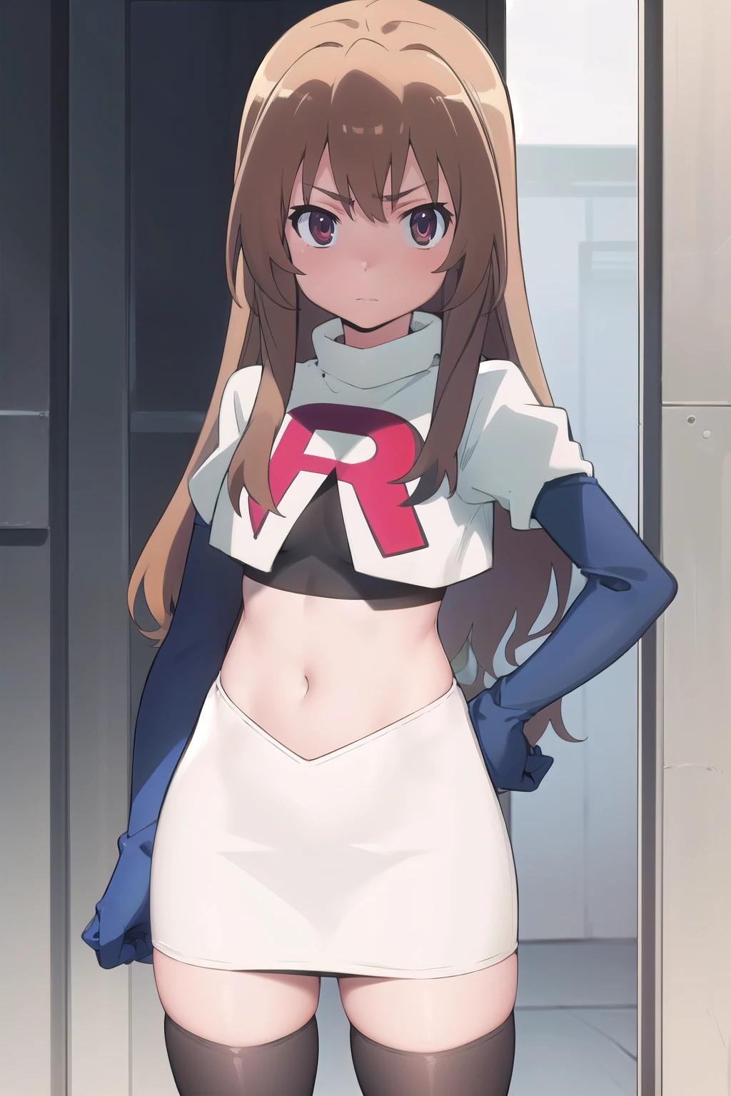 solo, 1girl, looking at viewer, 2D, anime, anime coloring, team rocket,team rocket uniform,white skirt,red letter R,crop top,black thigh-highs,black elbow gloves, taiga aisaka, oohashi,