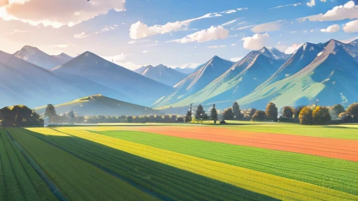 farmlands, mountains,clouds