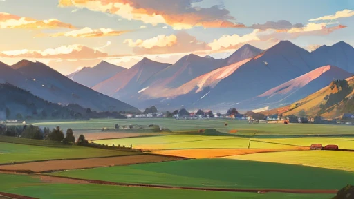 farmlands, mountains,clouds