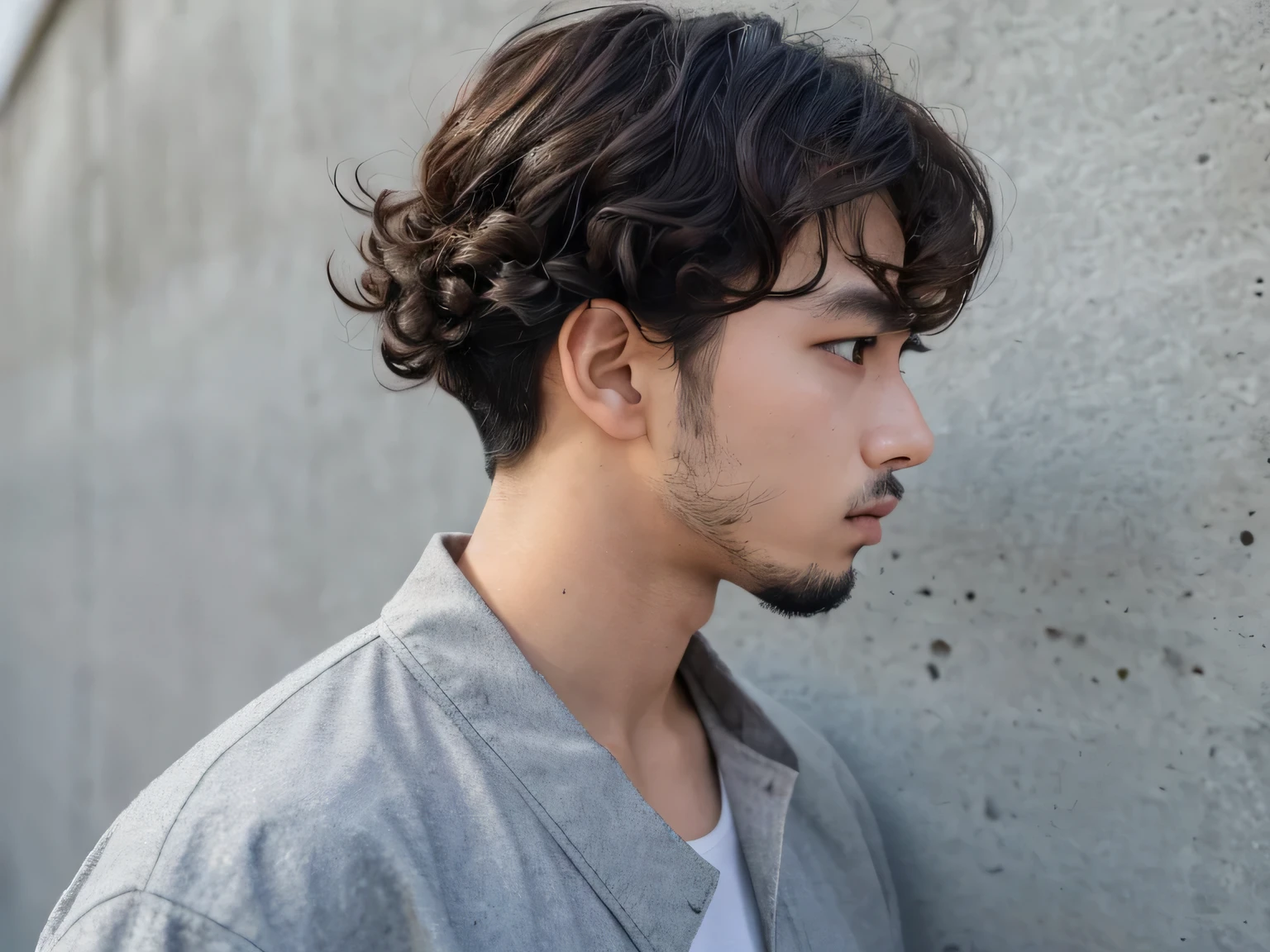 Seed 3686313043、Image of a man in his 20s wearing a white shirt, ,boy's hair, Twisted Perm Hair,, japanese wear, With the same hairstyle,Streetwear, Man without beard、profile、Concrete wall background、Up Bang、Short Hair、Soft Twist