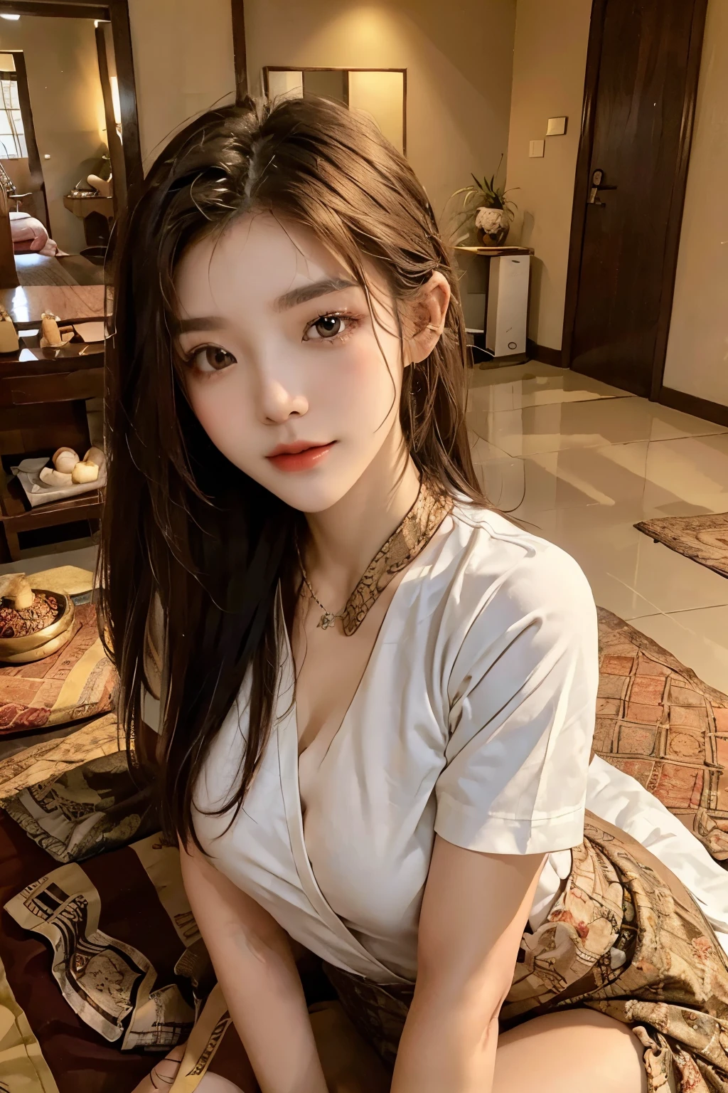 ((best quality)), ((masterpiece)), (detailed), perfect face,Girl lying down in Thai massage parlor, korean beauty, Cover your body with a large towel, (Overhead shot), thai massage,