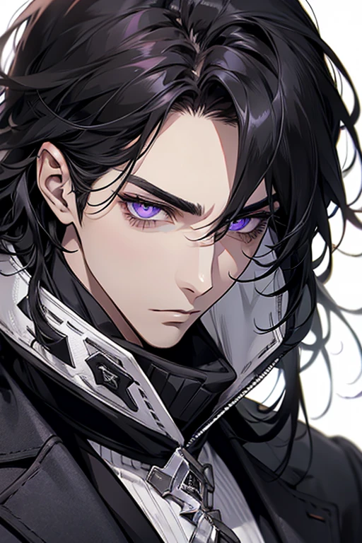 1 male, aldult, Handsome,cold expression,Long black hair,Upper body,purple eyes,clear eyes,close up,sharp eyes,noble