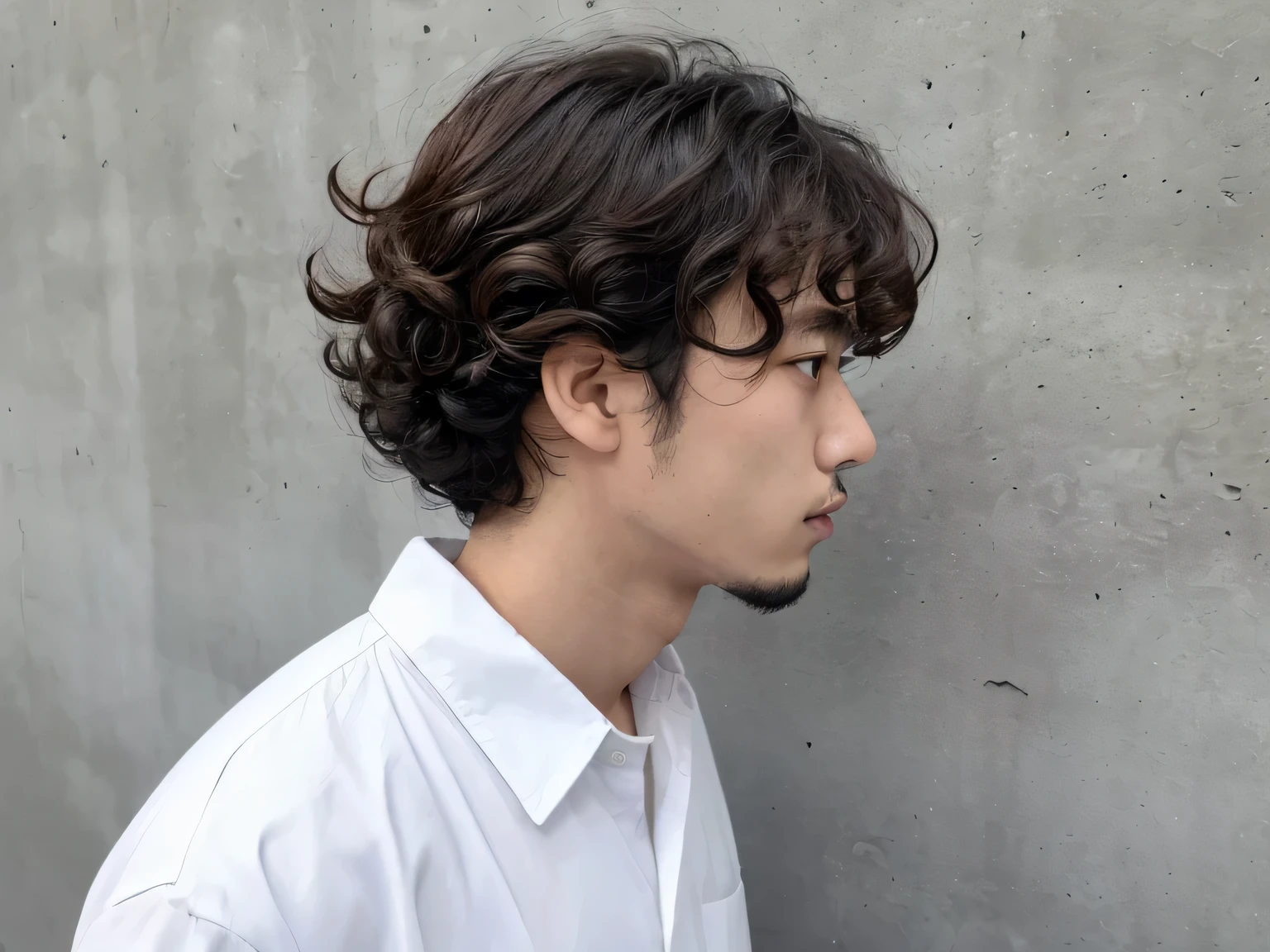 Image of a man in his 20s wearing a white shirt, ,boy's hair, Twisted Perm Hair,, japanese wear, With the same hairstyle,Streetwear, Man without beard、profile、Concrete wall background、Up Bang