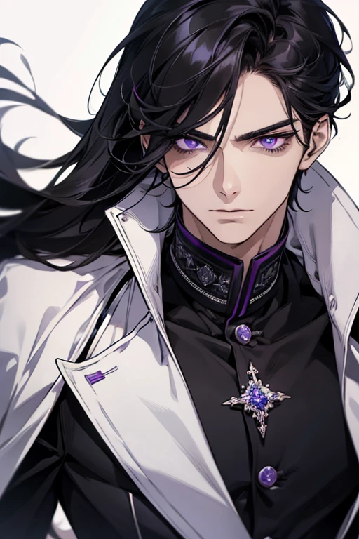 1 male, aldult, Handsome,cold expression,Long black hair,Upper body,purple eyes,clear eyes,close up,sharp eyes,noble