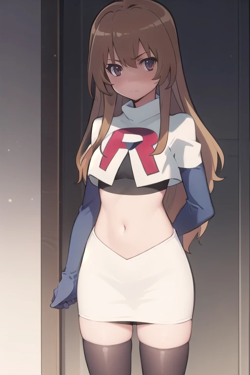 solo, 1girl, looking at viewer, 2D, anime, anime coloring, team rocket,team rocket uniform,white skirt,red letter R,crop top,black thigh-highs,black elbow gloves, taiga aisaka, oohashi,