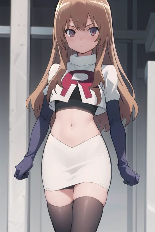solo, 1girl, looking at viewer, 2D, anime, anime coloring, team rocket,team rocket uniform,white skirt,red letter R,crop top,black thigh-highs,black elbow gloves, taiga aisaka, oohashi,