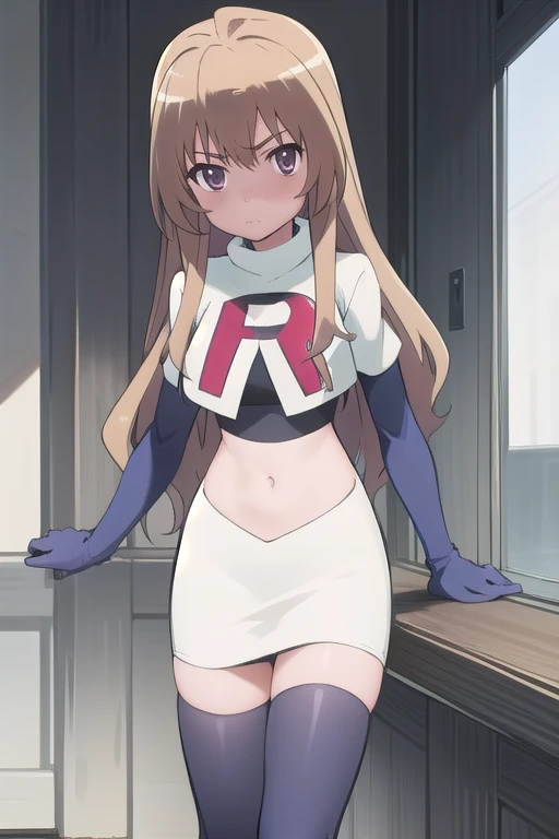 solo, 1girl, looking at viewer, 2D, anime, anime coloring, team rocket,team rocket uniform,white skirt,red letter R,crop top,black thigh-highs,black elbow gloves, taiga aisaka, oohashi,