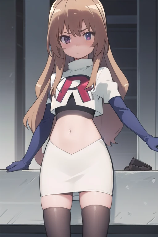 solo, 1girl, looking at viewer, 2D, anime, anime coloring, team rocket,team rocket uniform,white skirt,red letter R,crop top,black thigh-highs,black elbow gloves, taiga aisaka, oohashi, 