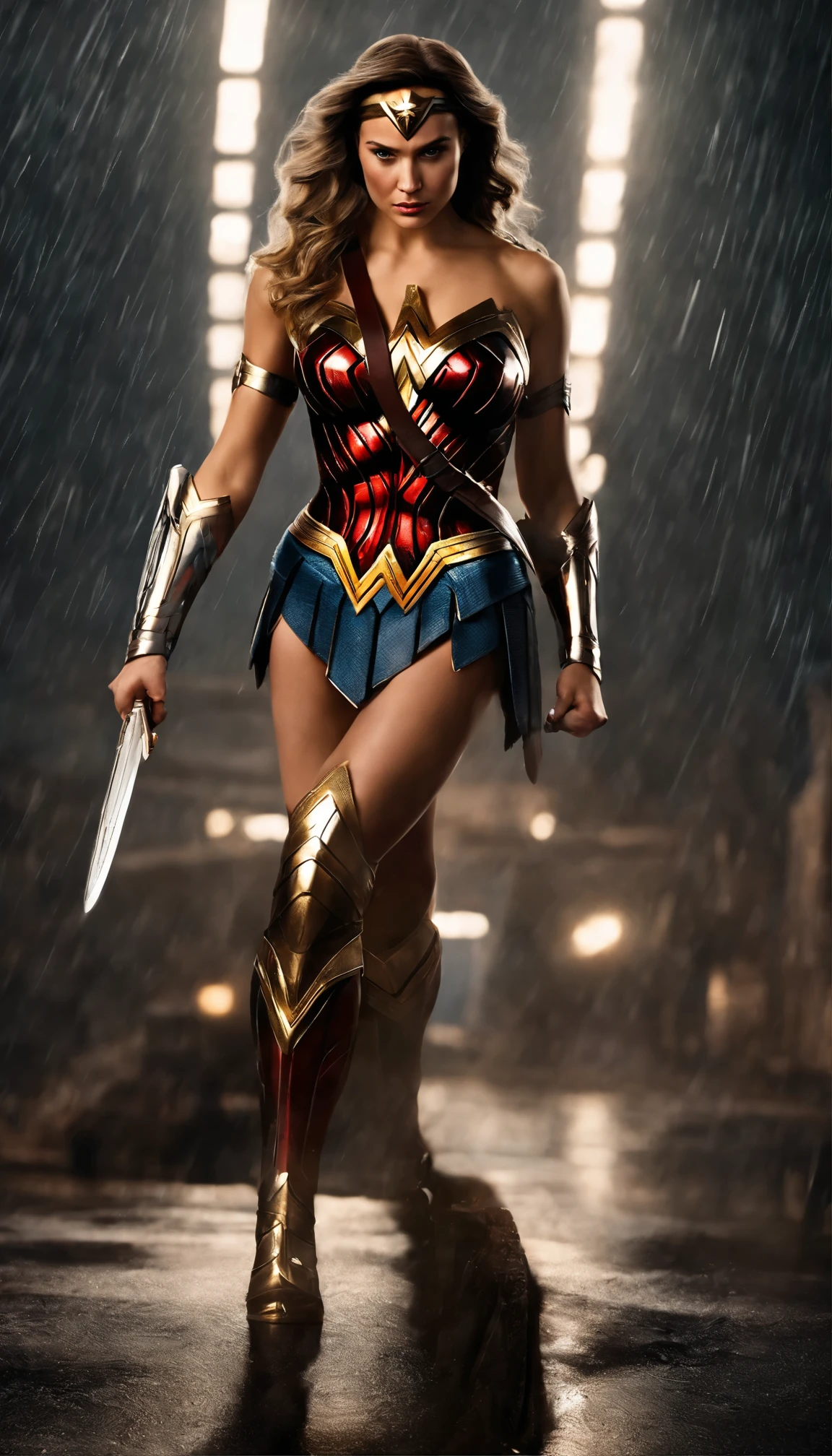 An 18-year-old girl with short, curly blonde hair、Wearing the iconic Wonder Woman suit。A beautiful face framed by golden hair、It shows determination and strength。She stood on the rain-soaked roof、Ready to face any challenge。This masterpiece is、Exemplifies exquisite detail and perfect anatomy。The lines and curves of the suit、Capture the essence of the Amazon princess、It is accurately represented。Her fighting stance is calm.、I am full of confidence、Staring into the distance、protection、Ready to serve。Dark and moody background、Highlighting her bright and vibrant suit、It makes her the focal point of the scene.