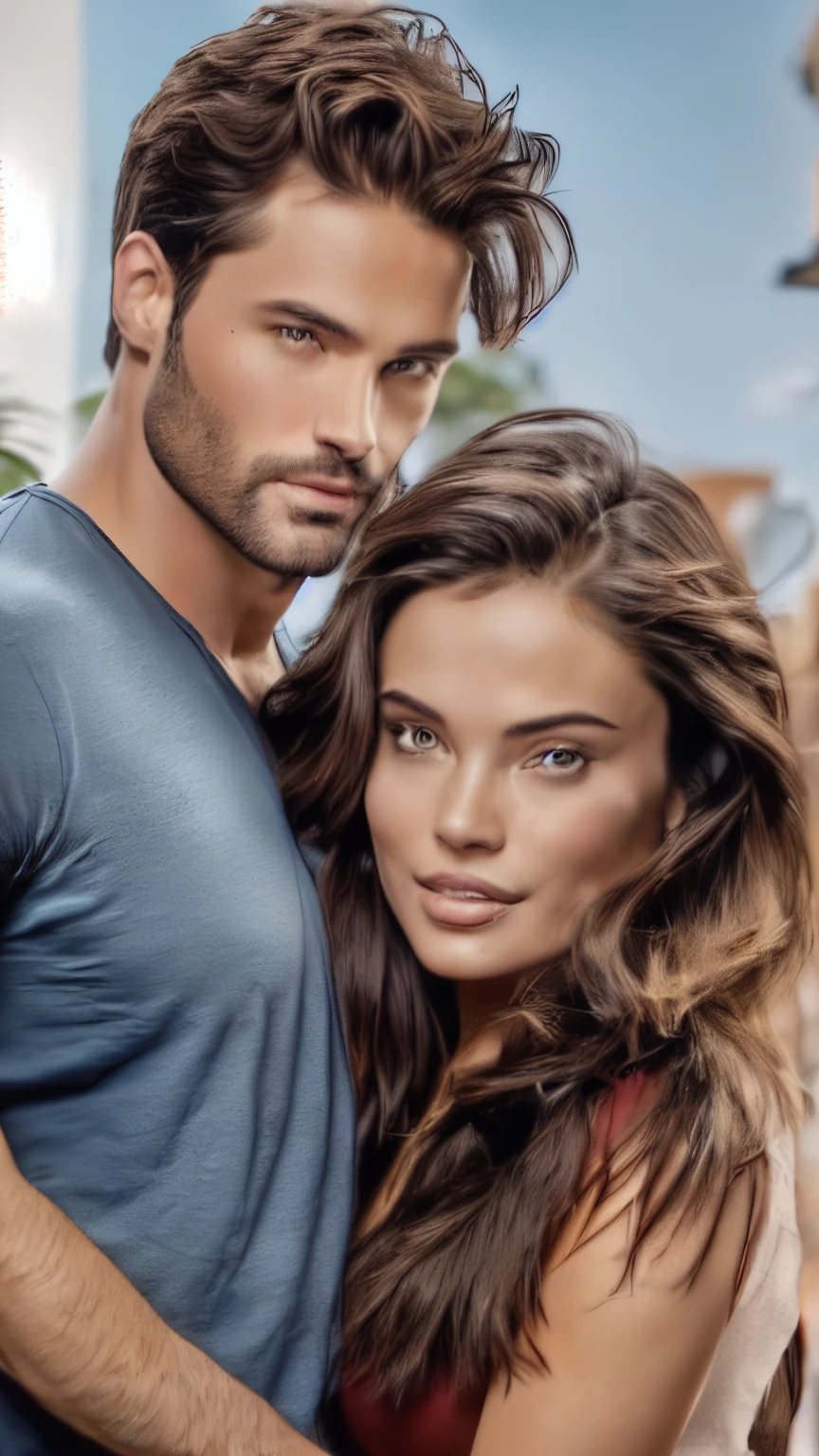 Couple made up of an actor and a fan, beautiful woman, brunette with straight brown hair, flawless dark skin, wearing a red t-shirt. The man is handsome, white skin, muscular, blue eyes, short hair, wears a tight blue shirt, in a Hollywood setting ((detailed face)), ((detailed facial features)), (finely detailed skin)
