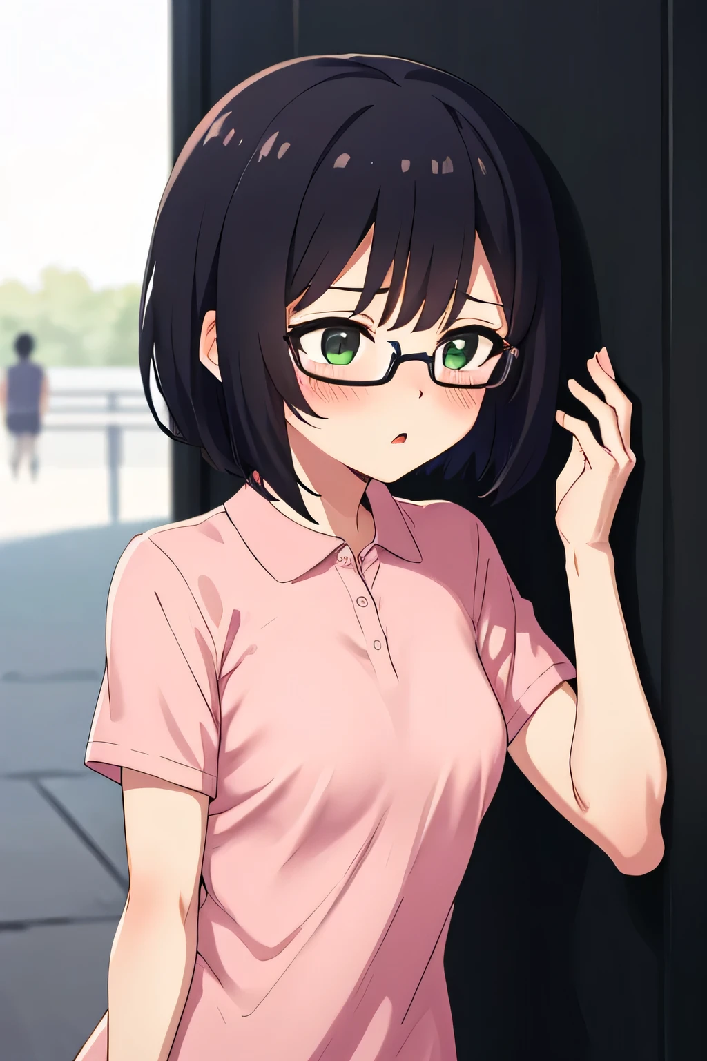 In town,Small breasts that can be rolled up,Black Hair,short hair,Green Eye Glasses,(Shocking pink plain polo shirt, Short sleeve, naked), (High resolution, high quality:1.1), Intricate details, 1 girl,(blush,Embarrassing)There are a lot of people around