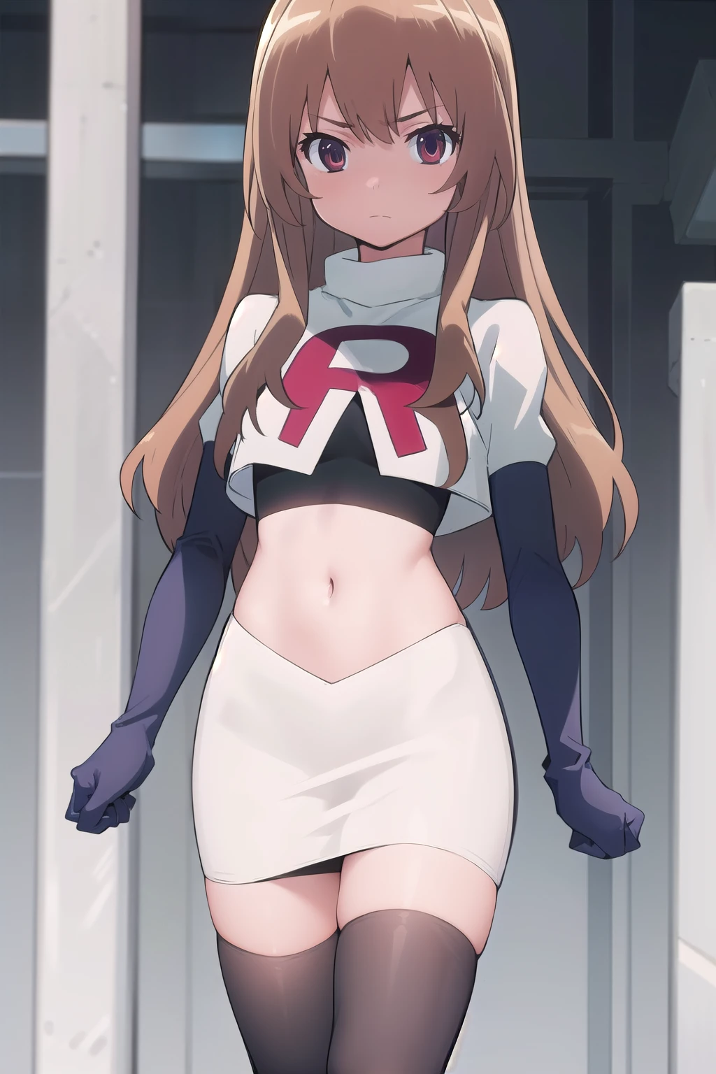 solo, 1girl, looking at viewer, 2D, anime, anime coloring, team rocket,team rocket uniform,white skirt,red letter R,crop top,black thigh-highs,black elbow gloves, taiga aisaka, oohashi,