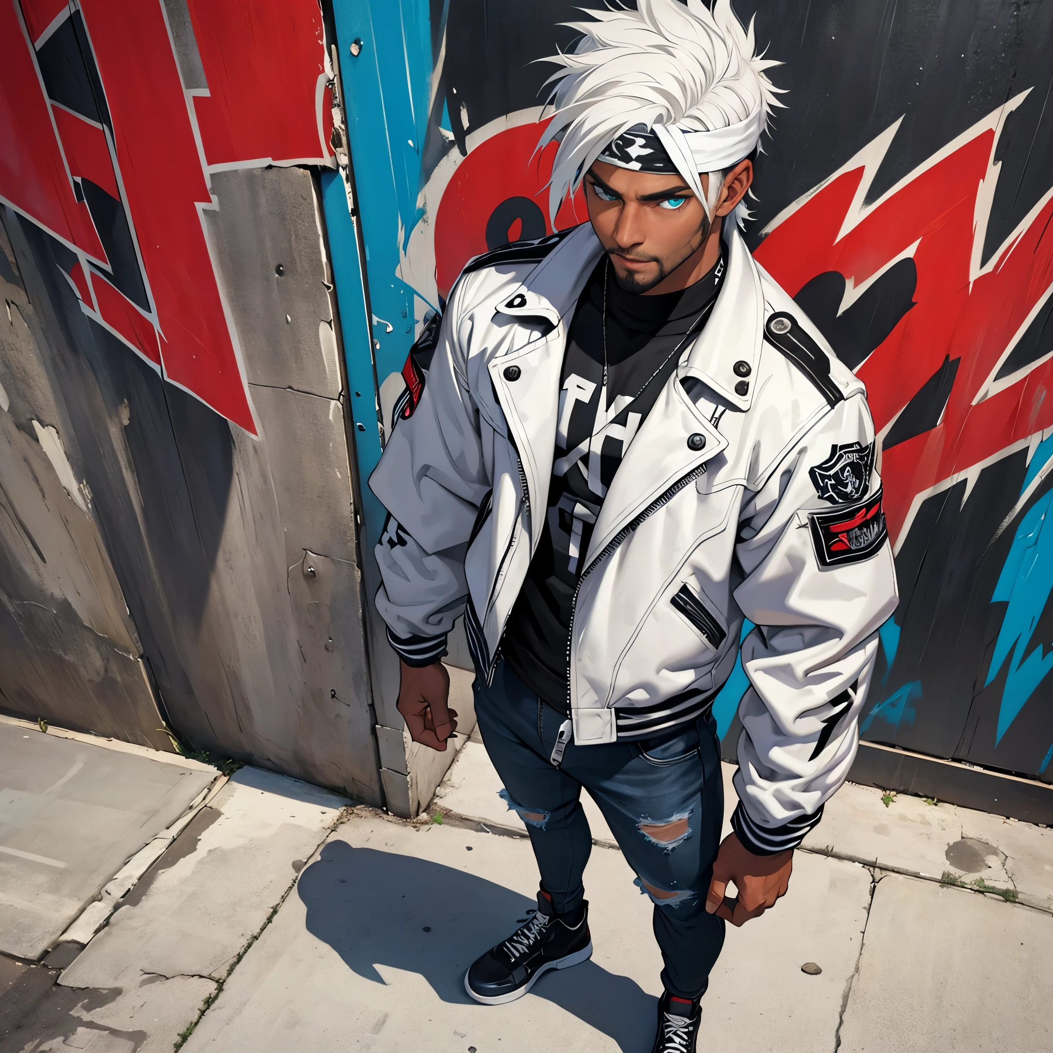 skateboarder punk man, full body shot, viewed from above, proud, highly detailed face, leaning back, sweating, masculine with short beard, body hair, ((dark tanned skin)), bulge, short white hair, smoky grunge punk graffiti, wearing ((skintight black denim)) pants, cum gutters, v-line:1.5, ((he is solo)), ((he is alone)), heterochromia, wearing bandana, shirtless, open front white leather jacket