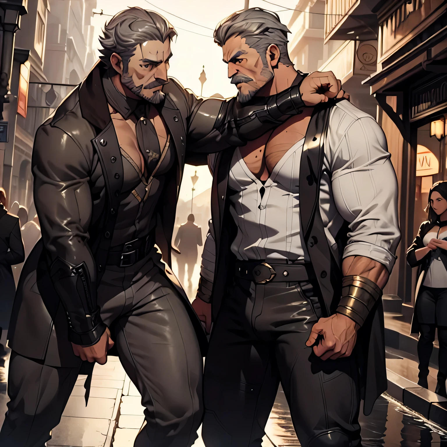 Two angry male kings fighting each other at the street, imponente, Vista lateral distante, corpo inteiro, 50 years old, grey short hair , thick grey mustache, dark oliva skin color, peitorais largos, peitorais enormes, hair chest, fighting stance, He is angry, wearing a tight wet cleavage robe, tight wet black leather pants, very wet body, bare arms, big bulge, thick thights, Obra-prima maravilhosa altamente detalhada, beautiful cinematic light deep focus, elegante, Pintura digital, sementes, sharp focus, golden ratio, dramatic lighting, 8k