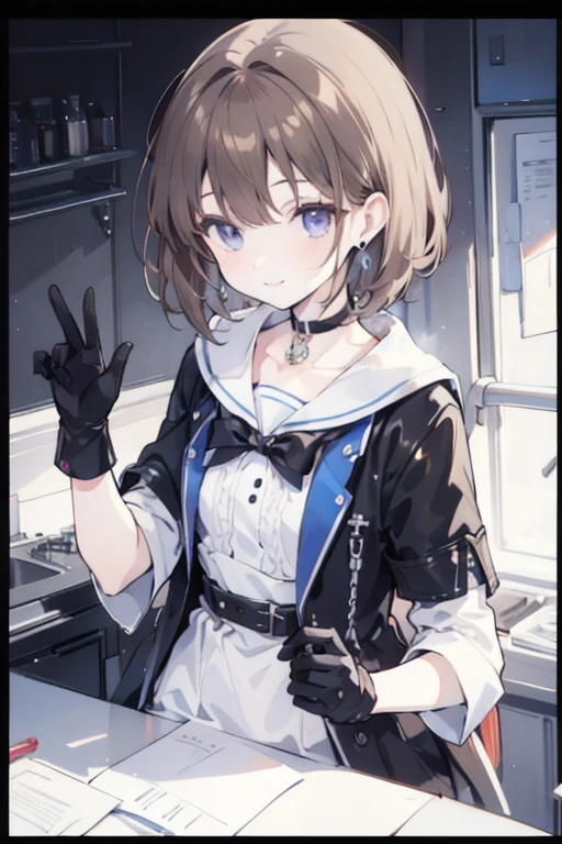 1girl, anime_coloring, black_eyes, black_gloves, brown_hair, choker, earrings, gloves, jewelry, letterboxed, parody, short_hair, smile, solo, style_parody,
