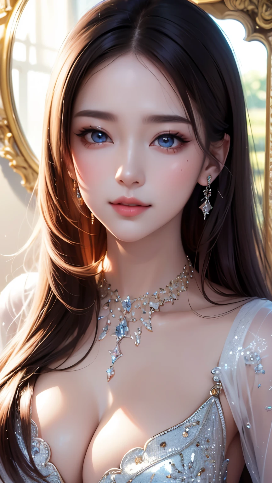 best quality, super fine, 16k, incredibly absurdres, extremely detailed, portrait, beautiful woman, prism effect, mirror effect, wind effect, light effect