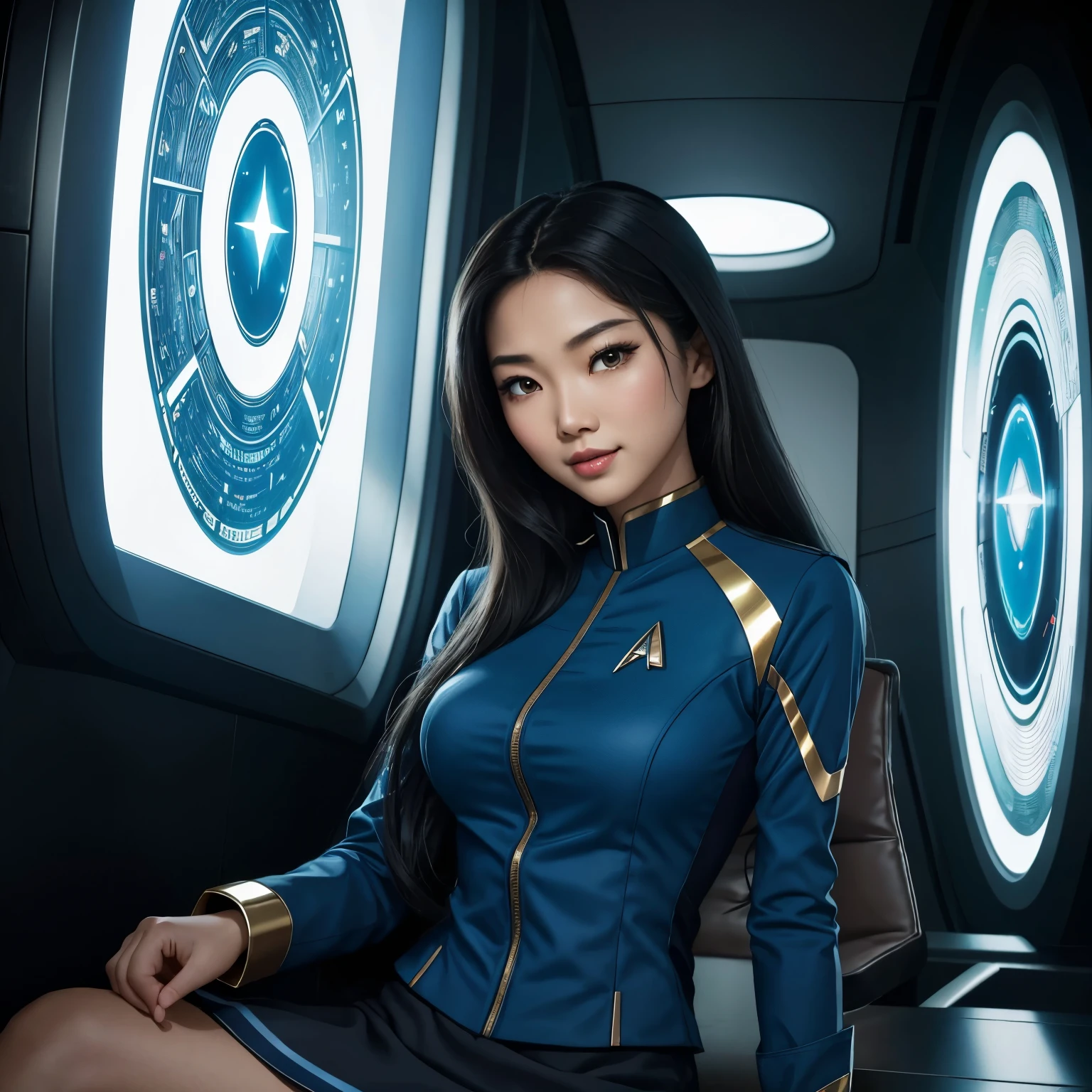 Masterpiece illustration, very detailed face, a beautiful 20 year old (Linda Park), (Hoshi Sato:1.3), luscious long black hair, radiant brown eyes, kissable lips, sweet smile, heavy dark eye makeup, friendly and inviting, fit bombshell body, (blue star trek enterprise uniform), skirt, go-go boots, inside a very modern hotel with futuristic buildings outside the window, in the lobby, holographic tech displays, ambient light from displays, rim light,