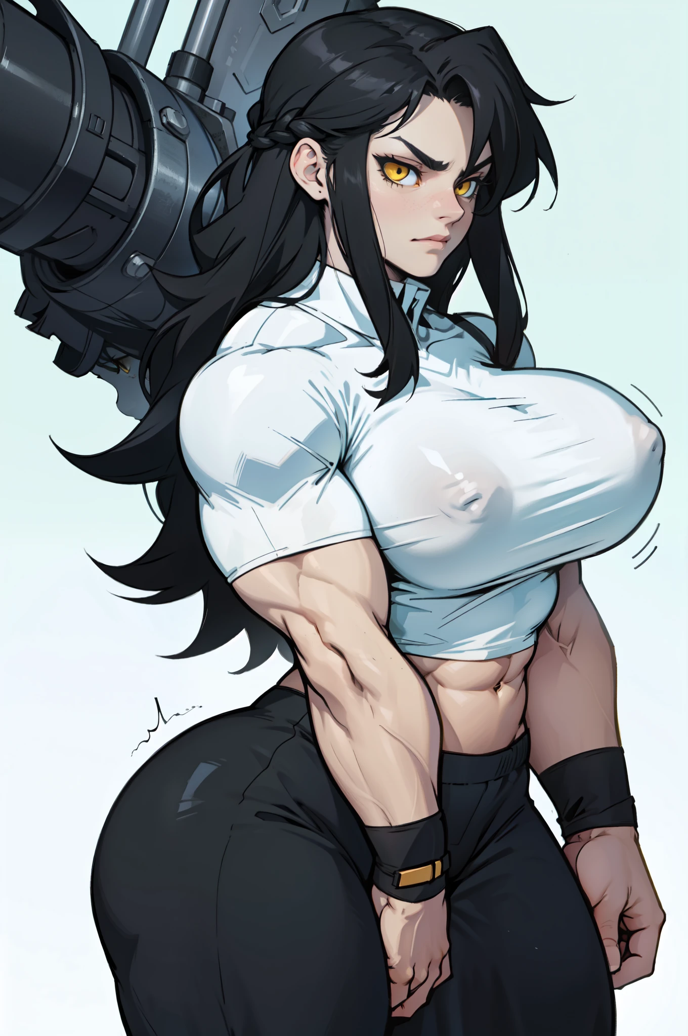 ((1 girl)), extremely long hair, solo, ((muscular)), veins, black hair, yellow eyes, pale skin, strong, veins, abs, (huge breasts), sulking tight shirt
