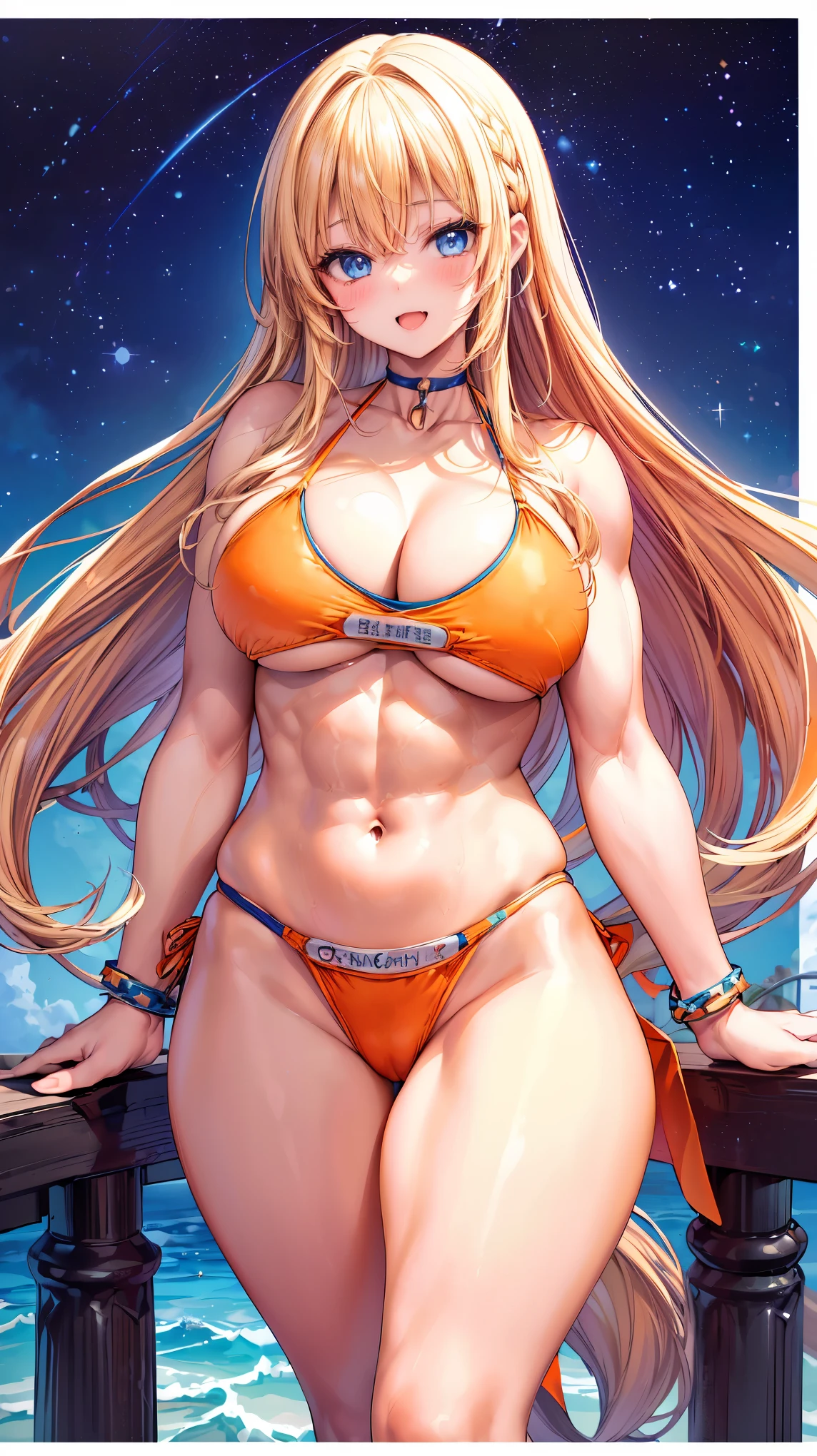 Very detailed、highest quality、Best image quality、masterpiece、8k、Anime Face、A kind smile、(Open your mouth:1.3)、Sparkling blue eyes、(Blonde semi-long hair:1.5)、(Muscles of the whole body:1.3)、(High leg:1.8)、Thigh belt、(Orange Bikini:1.5)、(Cowboy Shot:1.5)、(SFW Giant)、(Thick body:1.2)
