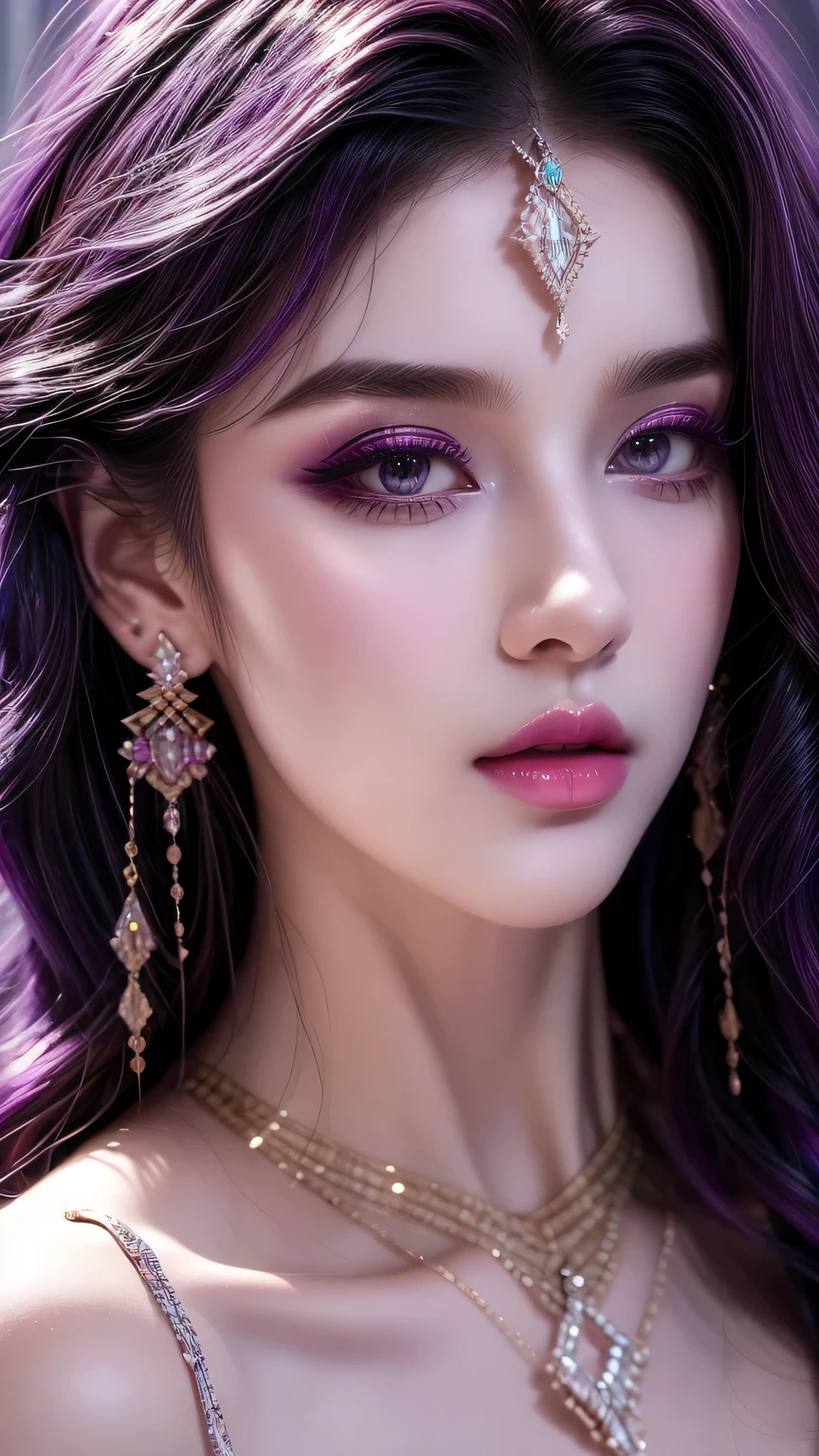 Purple-haired woman (wearing jewelry), (octane, Houdini, Visual effects, Make, detailed, 4K ), author： samdoesarts,