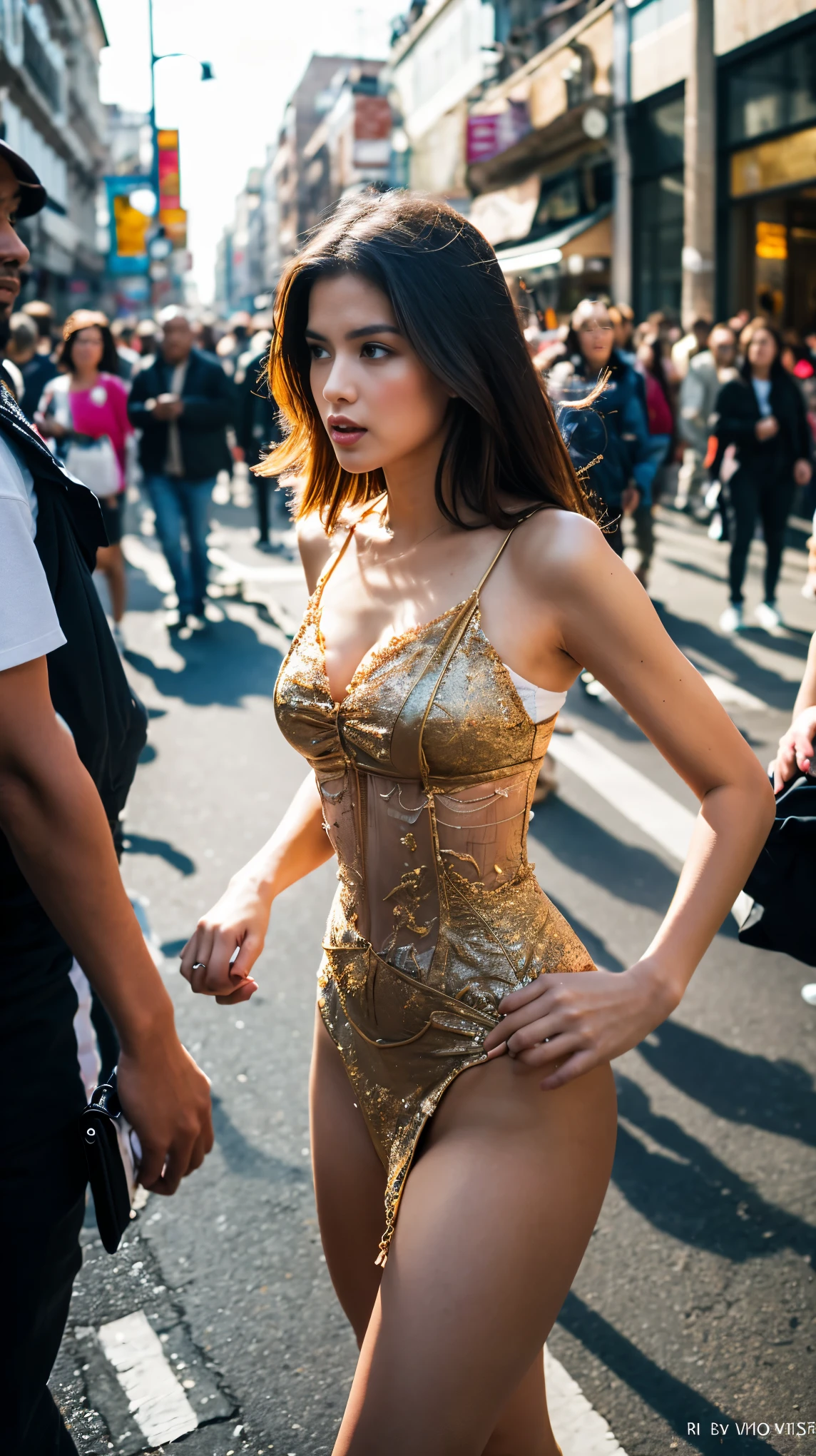Crowds in big cities,Woman walking on the street, Defamation performance, high quality, best quality, absurd, masterpiece, fair, Intricate details, 1/2 Body cutting, slim, fair figure, Magnificent anatomy, (Intricate details:1.12), HDR, (Intricate details, Super detailed:1.15), (Natural skin texture, Surreal, Soft Light, sharp:1.2)