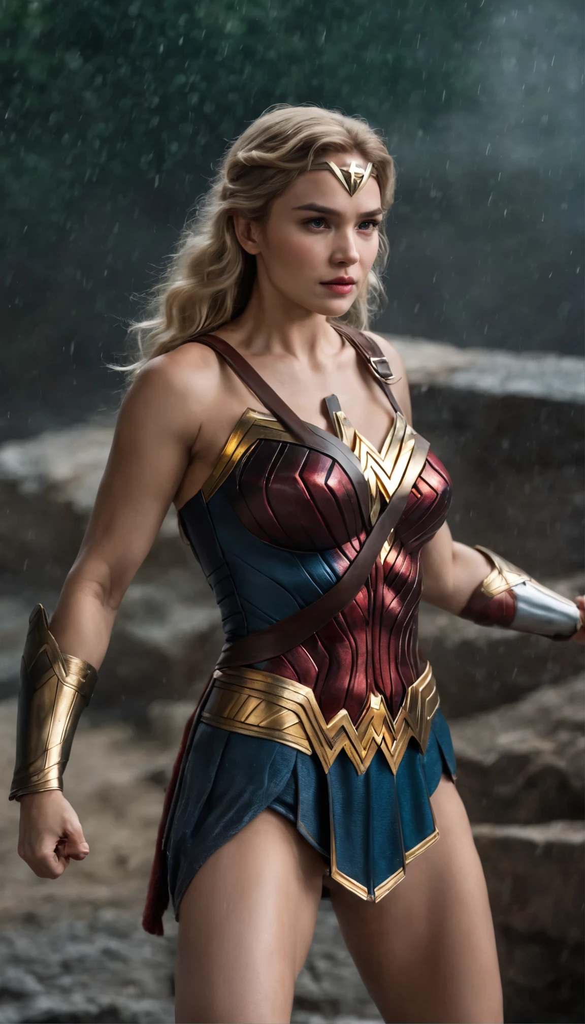 An 18-year-old girl with short, curly blonde hair、Wearing the iconic Wonder Woman suit。A beautiful face framed by golden hair、It shows determination and strength。She stood on the rain-soaked roof、Ready to face any challenge。This masterpiece is、Exemplifies exquisite detail and perfect anatomy。The lines and curves of the suit、Capture the essence of the Amazon princess、It is accurately represented。Her fighting stance is calm.、I am full of confidence、Staring into the distance、protection、Ready to serve。Dark and moody background、Highlighting her bright and vibrant suit、It makes her the focal point of the scene.