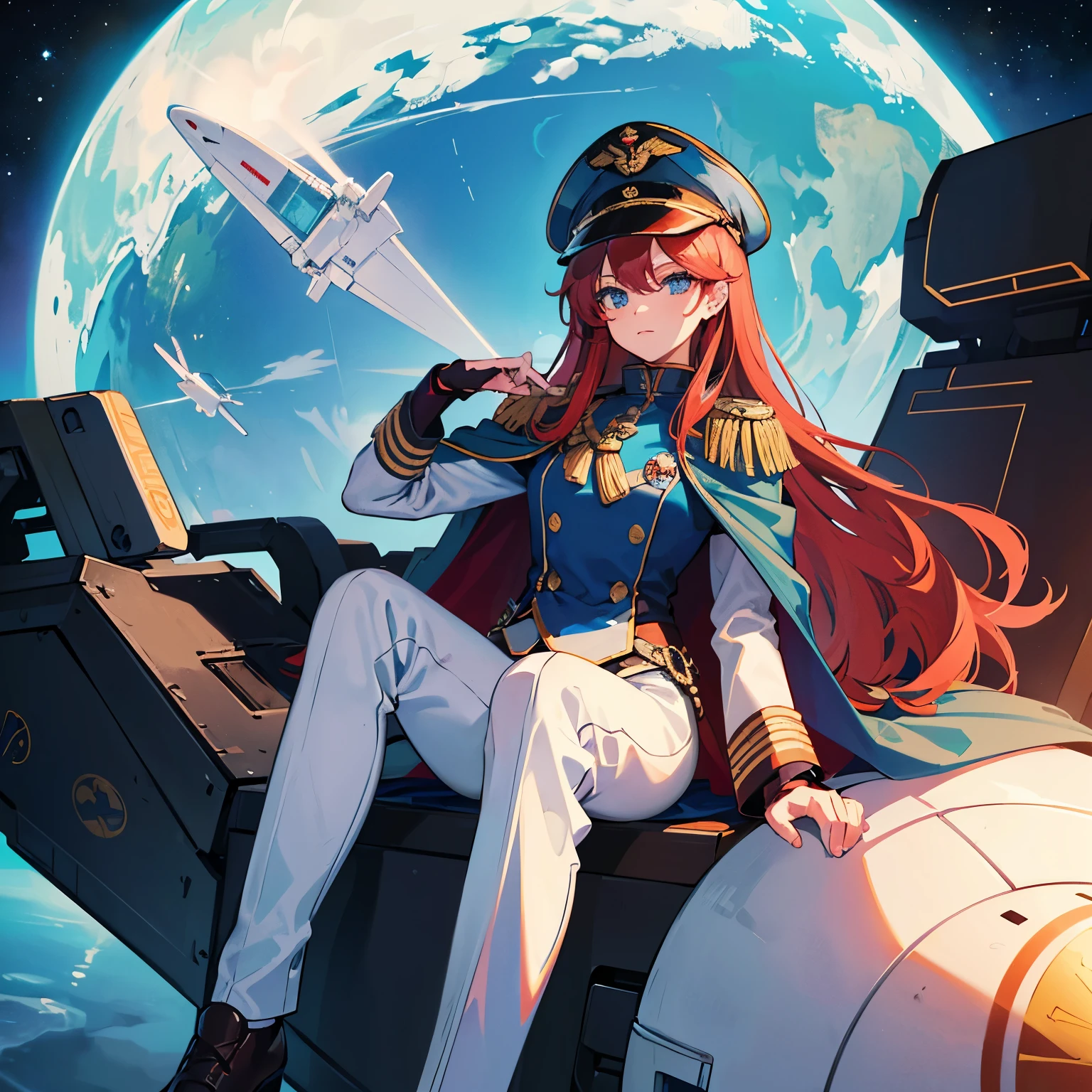 ((Masterpiece)), ((Highest Quality)), ((Best Quality)), (Illustration of One Girl), Full Body, 25 Years Old, Long Red Hair, (Thin Hair on Both Sides of the Face), Blue Eyes, (Tall)), ((Muscular Strong Body)), (Manspreading)), Open Legilitary Uniform)), (Military Hat)), ((Military Coat)), (White Clothes), (White Pants), (White Hat), Trench Coat, ((Inside the spaceship, sitting in the captain's seat)), (outside the window, space, Earth seen from space, spaceport)