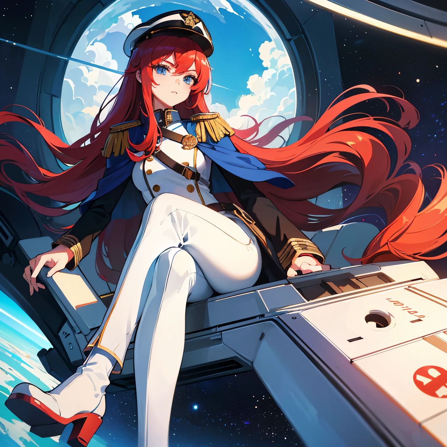 ((Masterpiece)), ((Highest Quality)), ((Best Quality)), (Illustration of One Girl), Full Body, 25 Years Old, Long Red Hair, (Thin Hair on Both Sides of the Face), Blue Eyes, (Tall)), ((Muscular Strong Body)), (Manspreading)), Open Legilitary Uniform)), (Military Hat)), ((Military Coat)), (White Clothes), (White Pants), (White Hat), Trench Coat, ((Inside the spaceship, sitting in the captain's seat)), (outside the window, space, Earth seen from space, spaceport)