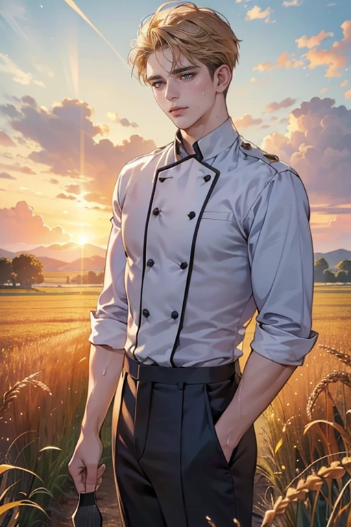 1 boy, young male, Yeux regardant vers la caméra, Corps masculin parfait,(chef-d'artwork, High resolution, ultra-detailed:1.0), Dans un champ baigné par les rayons chauds du soleil estival, Rob, un jeune homme de 18 ans, se tient debout, face slightly red from effort and heat. Sa silhouette imposante, sculptée par le travail acharné, stands with natural grace. His powerful muscles are visible under his unbuttoned beige shirt, revealing a chiseled torso and firm arms.
Rob's disheveled hair, d'un brun profond, encadrent son visage, giving it an air that is both wild and seductive. Mais c'est dans ses yeux verts, deep like emeralds, que réside toute son innocence et sa timidité. Despite its striking beauty, he almost seems embarrassed by the attention given to him.
The brown pants he wears are stained with dirt and sweat, testifying to his hard work in the fields. Ses mains, calleuses mais habiles, are placed on his hips, montrant la force et la détermination qui l'animent.
Autour de lui, the field stretches as far as the eye can see, bathed in golden light. Ears of wheat gently wave in the summer breeze, creating an idyllic backdrop for this scene.
Dans cette image saisissante, Rob embodies both raw virility and tenderness, captivant le spectateur par son charme authentique et sa simplicité désarmante.