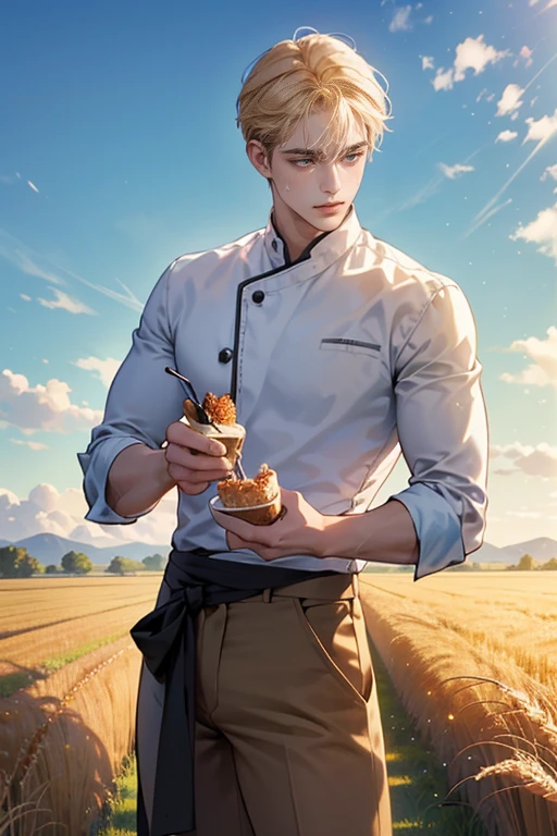1 boy, young male, Yeux regardant vers la caméra, Corps masculin parfait,(chef-d&#39;artwork, High resolution, ultra-detailed:1.0), Dans un champ baigné par les rayons chauds du soleil estival, Rob, un jeune homme de 18 ans, se tient debout, face slightly red from effort and heat. Sa silhouette imposante, sculptée par le travail acharné, stands with natural grace. His powerful muscles are visible under his unbuttoned beige shirt, revealing a chiseled torso and firm arms.

Rob&#39;s disheveled hair, d'un brun profond, encadrent son visage, giving it an air that is both wild and seductive. Mais c'est dans ses yeux verts, deep like emeralds, que réside toute son innocence et sa timidité. Despite its striking beauty, he almost seems embarrassed by the attention given to him.

The brown pants he wears are stained with dirt and sweat, testifying to his hard work in the fields. Ses mains, calleuses mais habiles, are placed on his hips, montrant la force et la détermination qui l'animent.

Autour de lui, the field stretches as far as the eye can see, bathed in golden light. Ears of wheat gently wave in the summer breeze, creating an idyllic backdrop for this scene.

Dans cette image saisissante, Rob embodies both raw virility and tenderness, captivant le spectateur par son charme authentique et sa simplicité désarmante.




