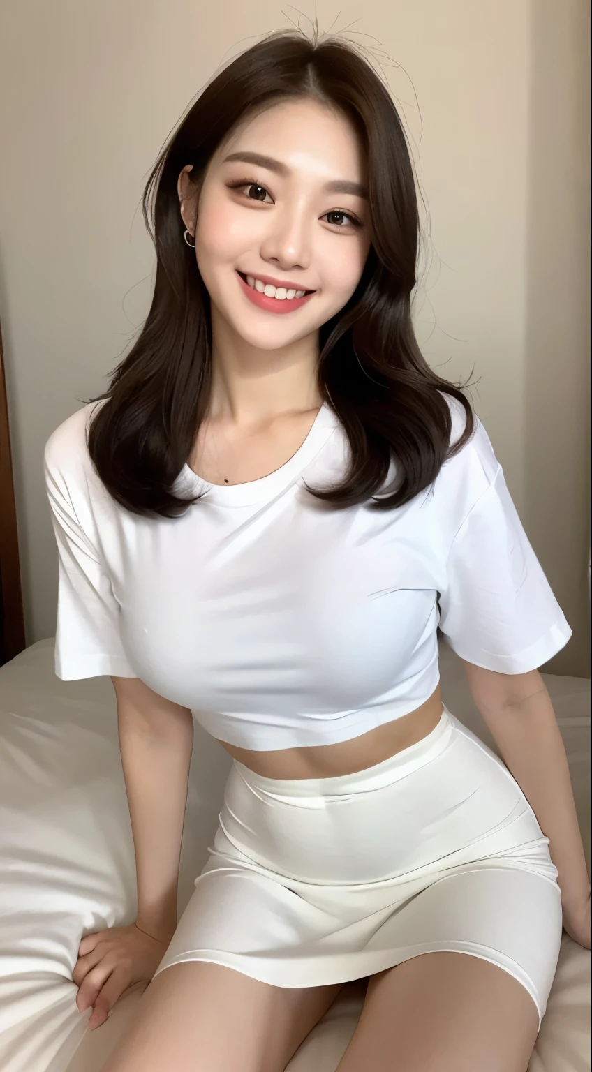 White tight shirt、White tight mini skirt、bed、smile、Short sleeve、high resolution、Korean idol face、double eyelid、White teeth