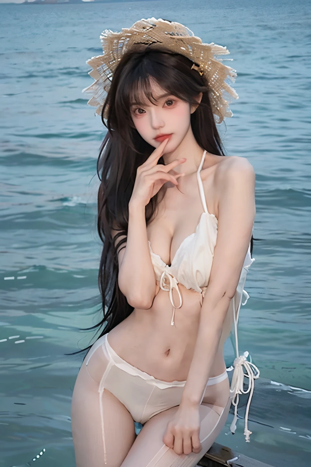 Beautiful woman with perfect body：1.4，Layered Hairstyle，Prominent cleavage，Highly detailed face and skin textures，Double eyelids，Skin Whitening，Long hair，Whitened long legs，White pantyhose，Standing by the sea