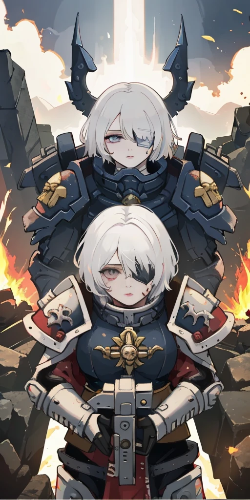 (masterpiece:1.2), (best quality:1.2), perfect eyes, perfect face, perfect lighting, 1girl, mature whsororitas with a laser rifle in her hands, scar over one eye, eyepatch, red tabard, white hair, warhammer 40k, chaos, fire, scifi, detailed ruined city background, power armor