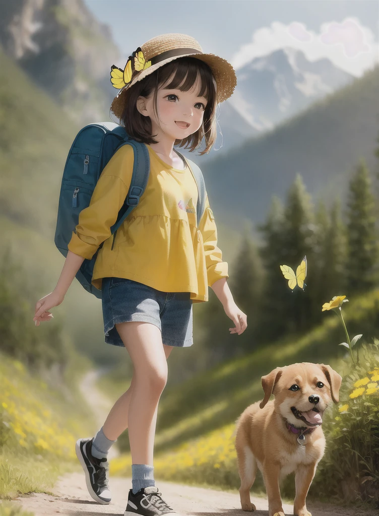 Charming girl with backpack, With her cute puppy, Enjoy a wonderful spring outing,Surrounded by beautiful flowers and natural scenery. This illustration is a high-definition illustration with 4k resolution, Features highly detailed facial features and cartoon-style visuals, (Butterfly Dance)