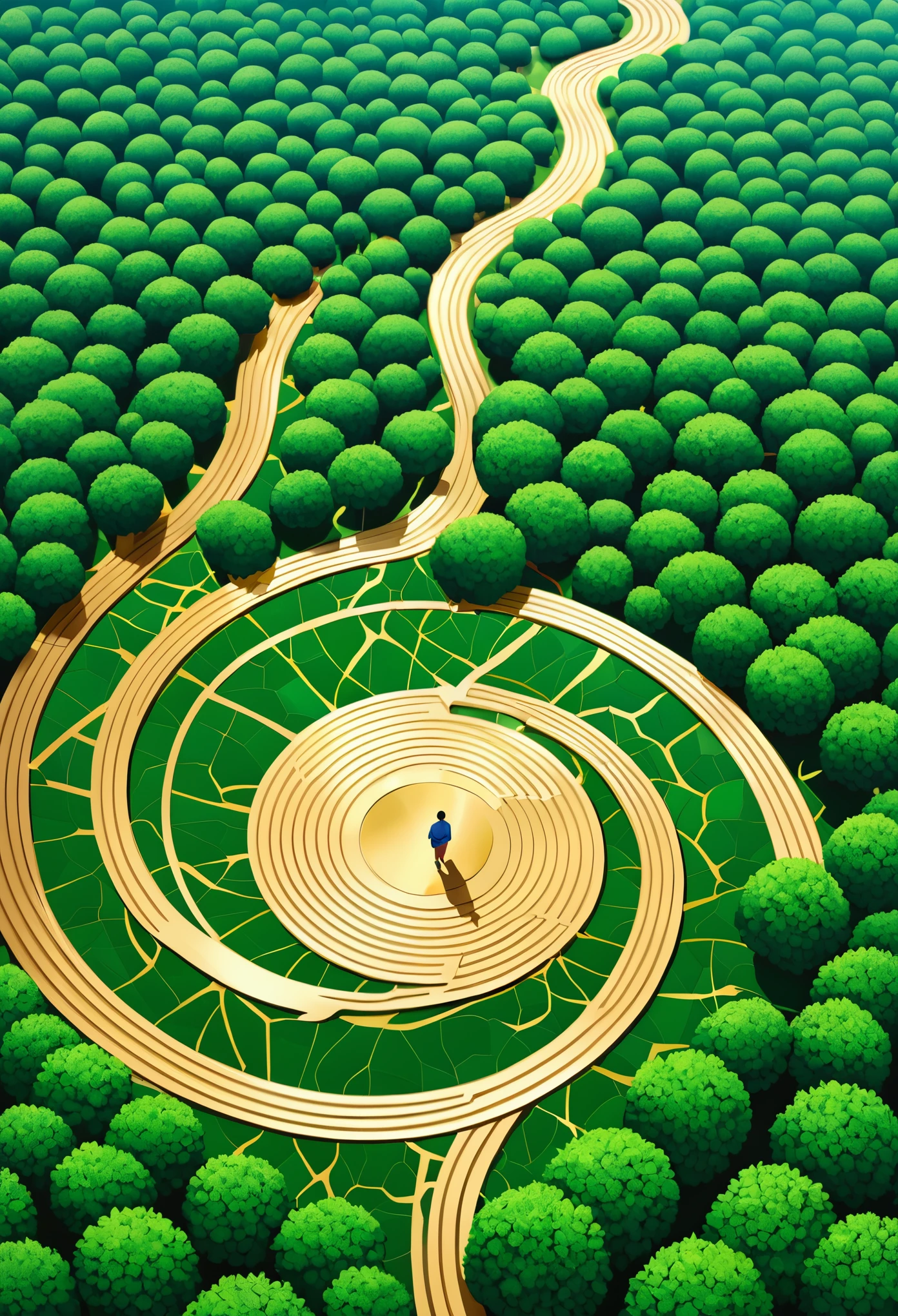 A detailed image man lost in green forest, in the style of contemporary op art, kintsugi, large-scale canvas, hard edge painter, eye-catching detail, aerial view, sudersan pattnaik,minimalist Journey