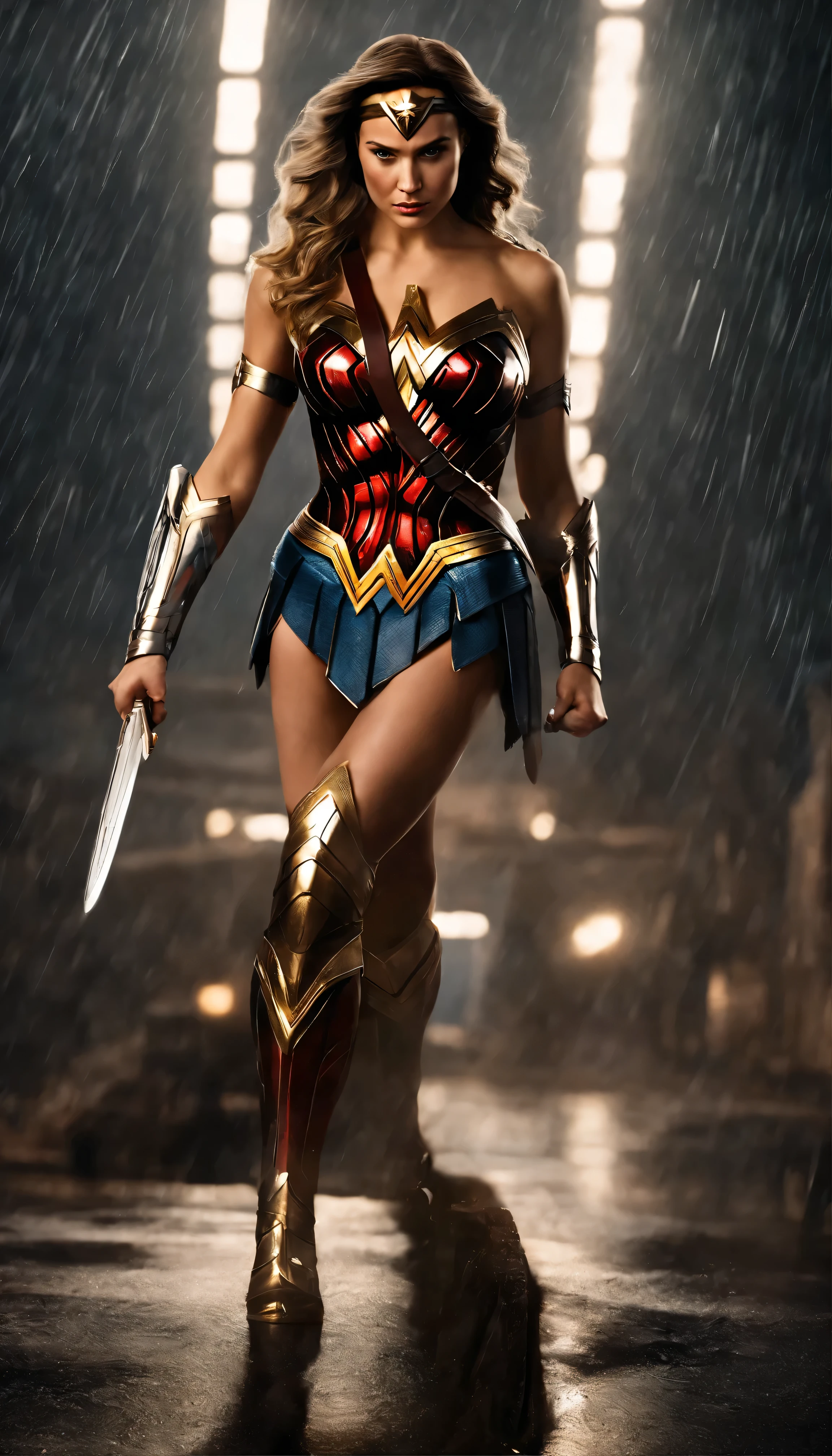An 18-year-old girl with short, curly blonde hair、Wearing the iconic Wonder Woman suit。A beautiful face framed by golden hair、It shows determination and strength。She stood on the rain-soaked roof、Ready to face any challenge。This masterpiece is、Exemplifies exquisite detail and perfect anatomy。The lines and curves of the suit、Capture the essence of the Amazon princess、It is accurately represented。Her fighting stance is calm.、I am full of confidence、Staring into the distance、protection、Ready to serve。Dark and moody background、Highlighting her bright and vibrant suit、It makes her the focal point of the scene.