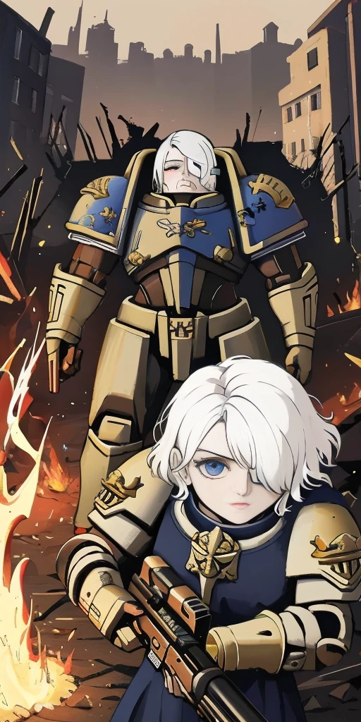 (masterpiece:1.2), (best quality:1.2), perfect eyes, perfect face, perfect lighting, 1girl, mature whsororitas with a laser rifle in her hands, scar over one eye, eyepatch, red tabard, white hair, warhammer 40k, chaos, fire, scifi, detailed ruined city background, power armor