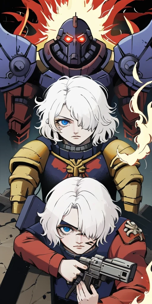 (masterpiece:1.2), (best quality:1.2), perfect eyes, perfect face, perfect lighting, 1girl, mature whsororitas with a laser rifle in her hands, scar over one eye, eyepatch, red tabard, white hair, warhammer 40k, chaos, fire, scifi, detailed ruined city background, power armor