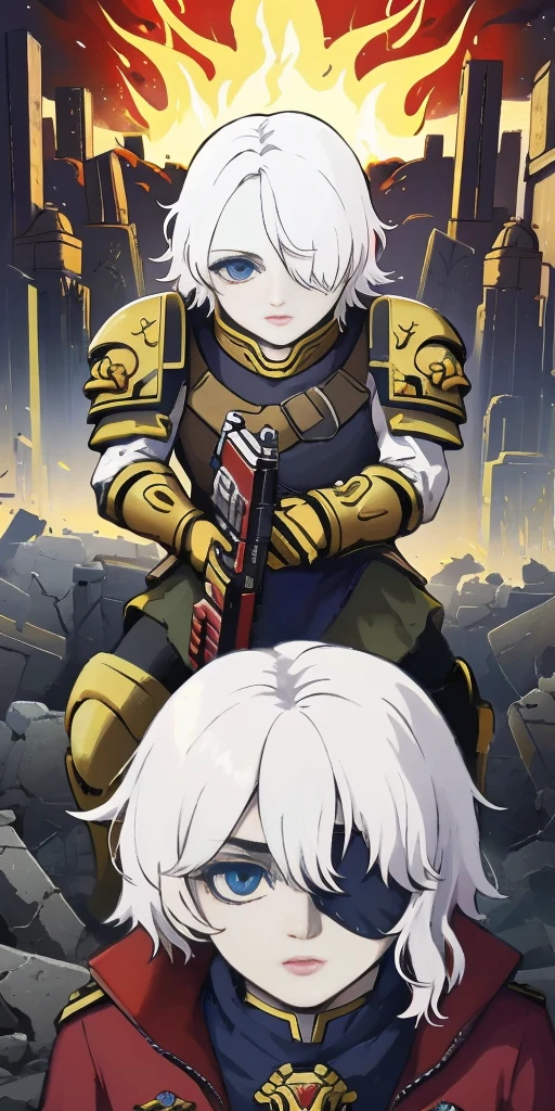 (masterpiece:1.2), (best quality:1.2), perfect eyes, perfect face, perfect lighting, 1girl, mature whsororitas with a laser rifle in her hands, scar over one eye, eyepatch, red tabard, white hair, warhammer 40k, chaos, fire, scifi, detailed ruined city background, power armor