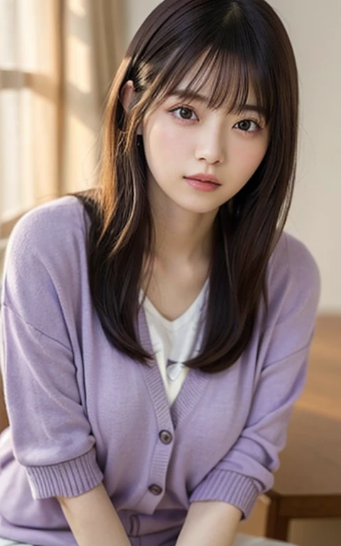 masterpiece, highest quality, 8k, 20th Generation, Large Breasts, cute, alone, sad,cute、lonely、 cute, Girlish, Delicate girl, Pure beauty, RAW Photos, Professional photography, Head to knee photo、, Soft Light, Professional Lighting, Backlight, Upper Body, avert your eyes, Sophisticated, Film Grain, (Eyes and facial details:1.0), Short floating hair, Beautiful, flowing hair, bangs, T-shirt and greyish lilac cardigan、(Large Breasts:1.0)、Saggy breasts、You can see a little bit of the chest、Voluptuous thighs