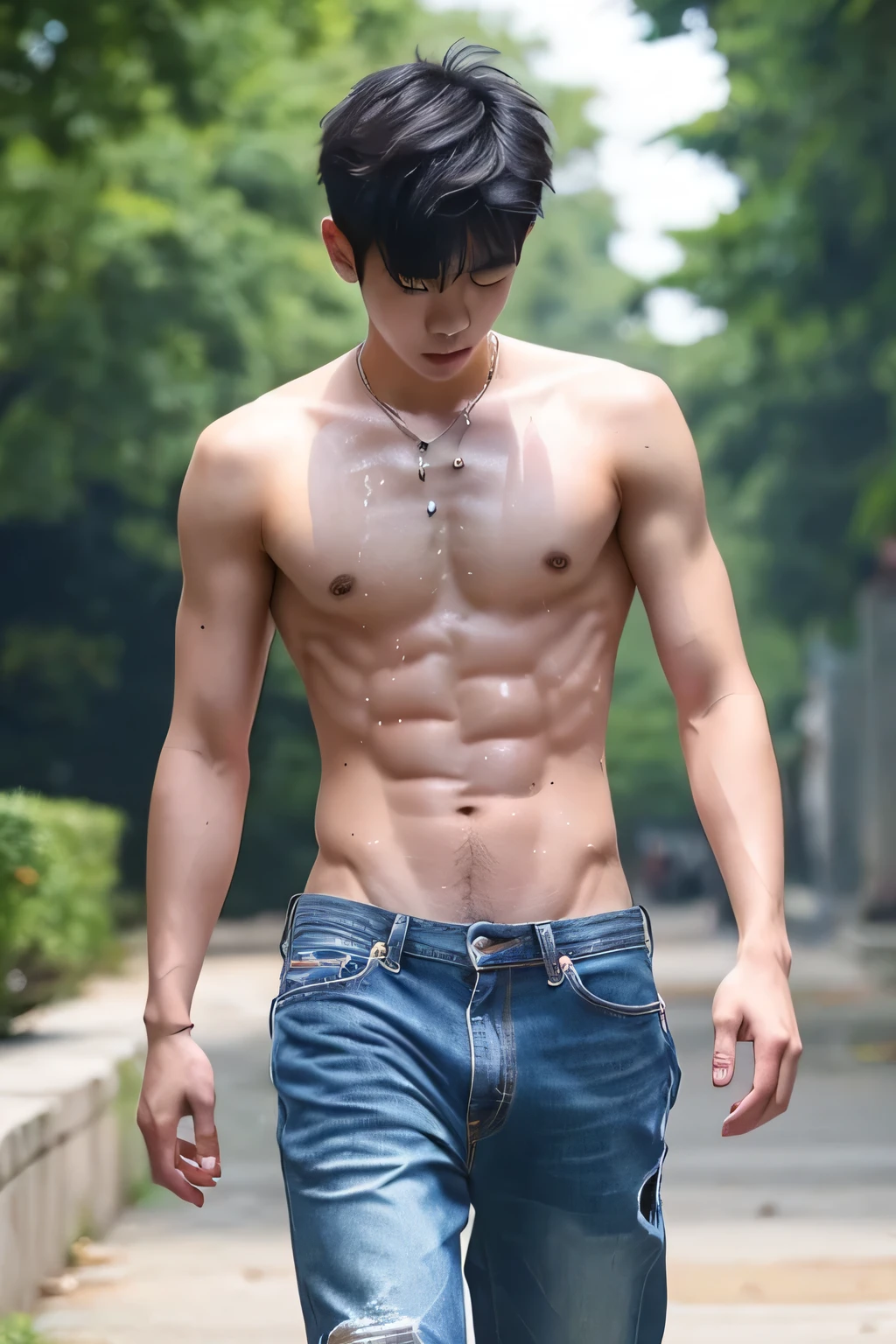 a shirtless, 21-year old handsome korean male in sagging jeans, sneakers, drenched in sweat, sweating profusely, walking in the park