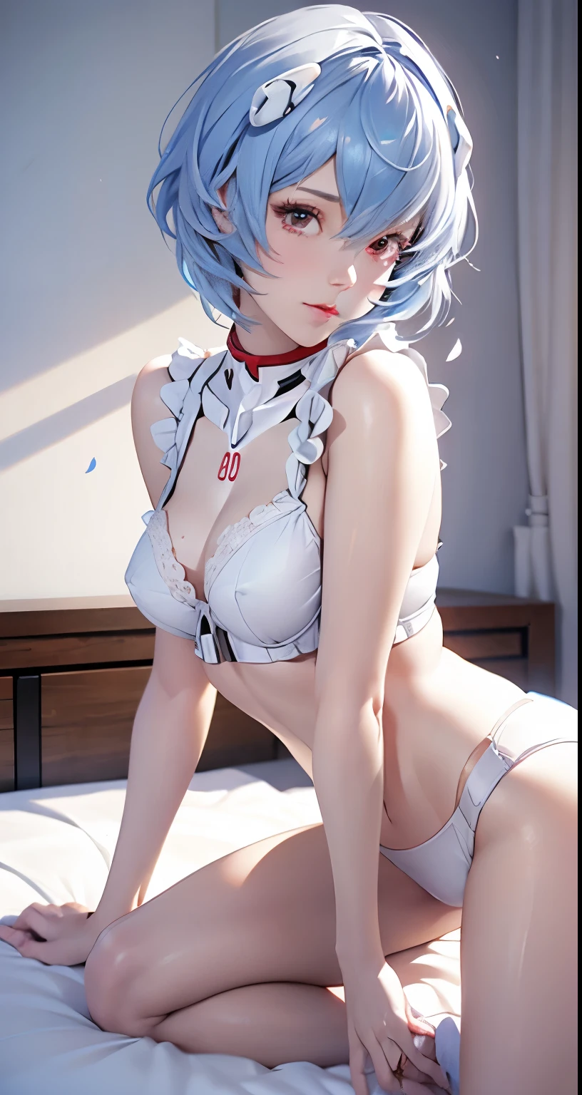 (Realistic, photoRealistic), ayanami, One Girl, Blue Short Hair, White hair ornament, (((White underwear,Sexy pose,On the bed)))), Sit on the ground, (Cowboy Shot),(Tabletop, high quality, 最high quality), (colorful),(Delicate eyes and face), Volumetric Light, Ray Tracing, Highly detailed CG Unity 8k wallpaper,alone((Flying petals)),indoor, ((Neon Trim)),frontage,(Spread your legs)