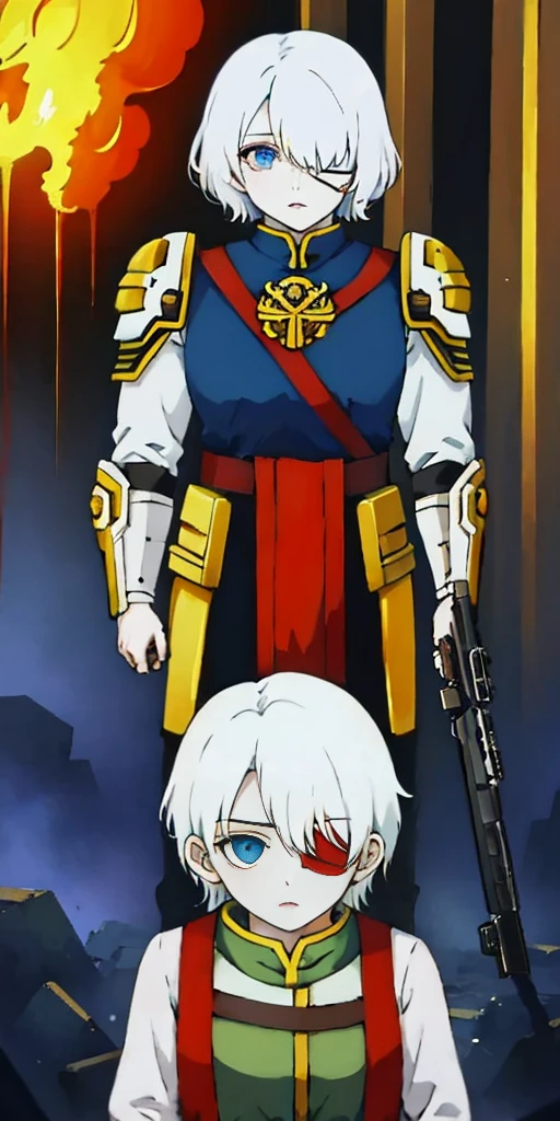(masterpiece:1.2), (best quality:1.2), perfect eyes, perfect face, perfect lighting, 1girl, mature whsororitas with a laser rifle in her hands, scar over one eye, eyepatch, red tabard, white hair, warhammer 40k, chaos, fire, scifi, detailed ruined city background, power armor