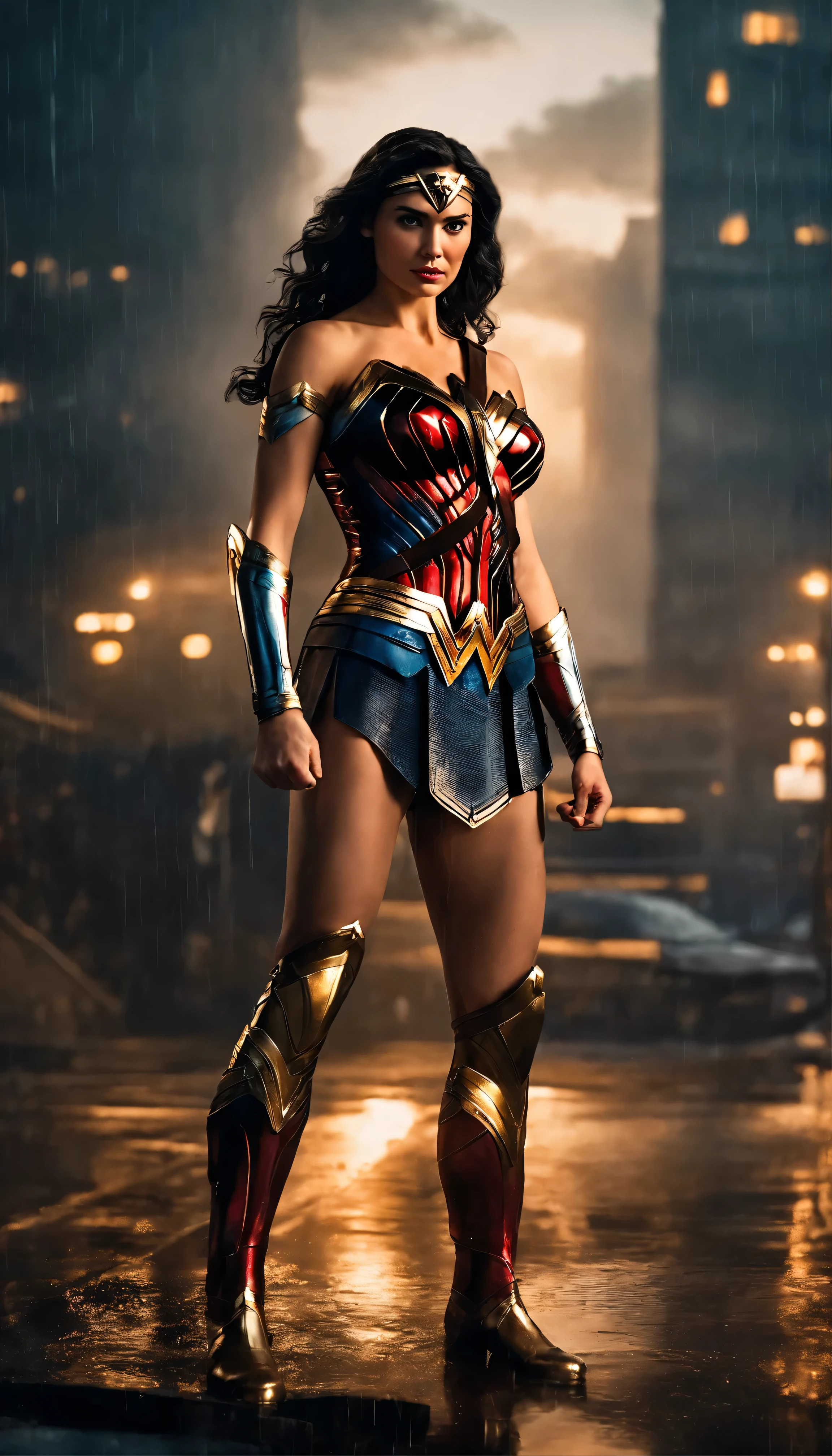 An 18-year-old girl with short, curly blonde hair、Wearing the iconic Wonder Woman suit。A beautiful face framed by golden hair、It shows determination and strength。She stood on the rain-soaked roof、Ready to face any challenge。This masterpiece is、Exemplifies exquisite detail and perfect anatomy。The lines and curves of the suit、Capture the essence of the Amazon princess、It is accurately represented。Her fighting stance is calm.、I am full of confidence、Staring into the distance、protection、Ready to serve。Dark and moody background、Highlighting her bright and vibrant suit、It makes her the focal point of the scene.