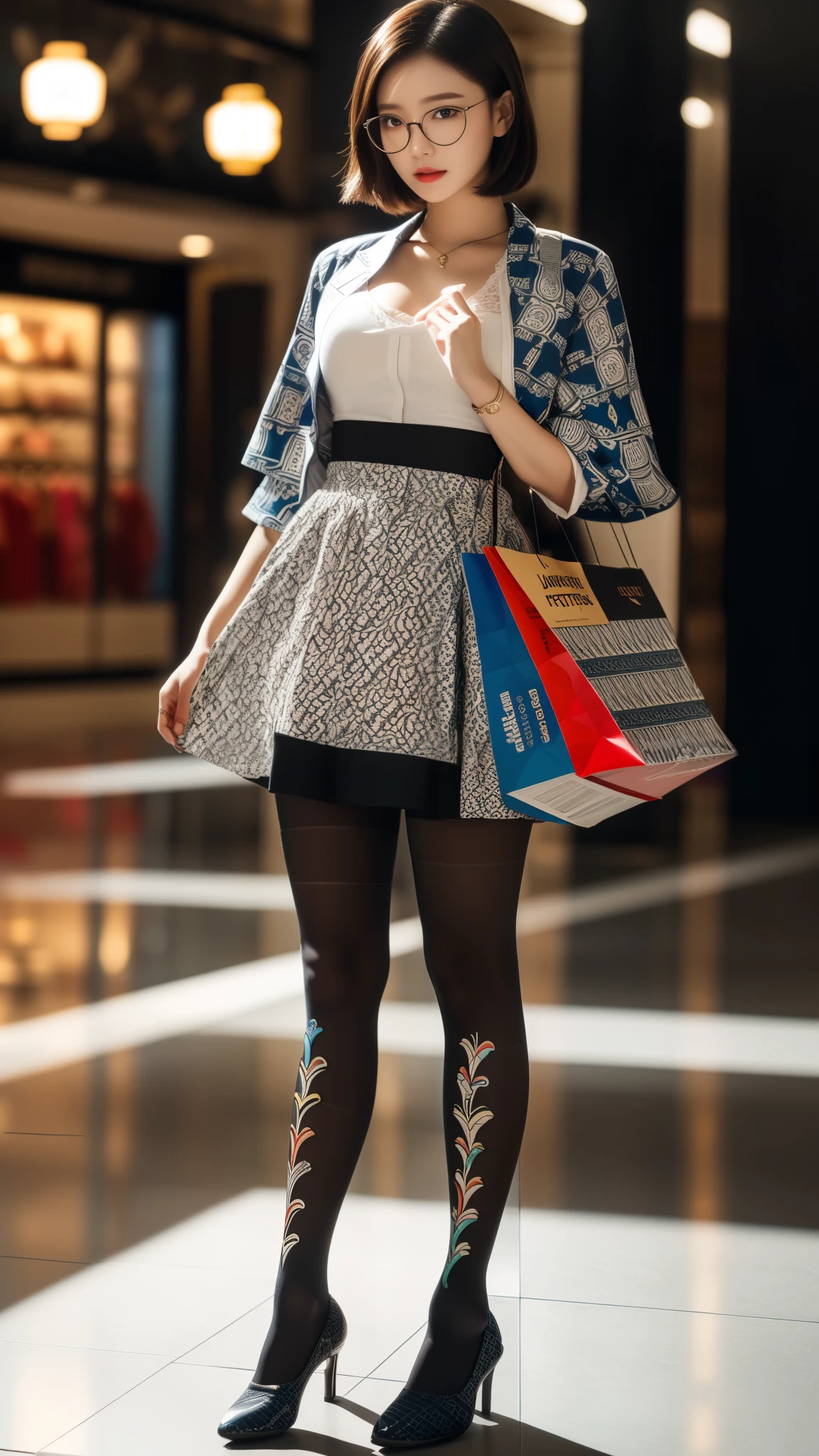 ,(full body:1.5)，(((only one girl)):1.4),(view the viewer:1.4)，((anatomy correct):1.45),(((dancing in the shopping mall , Perfectly integrated background))):1.3),(she wears large glasses and Holding bra & pantie in her hand:1.2),(shy:1.15)，((stocking set):1.2),(((((((patterns)))))) ,((thick pantyhose)):1.3),(high heels leather shoe:1.1)，((Long legs and large chest):1.3),((((colorful))):1.4),(Accurate and perfect face:1.3),((black short hair):1.2)，hyper HD, Ray traching, reflective light， structurally correct, Award-Awarded, high detail, lighten shade contrast, Face lighting ，cinematic lighting, masterpiece, super detailing, high quality, high detail, best quality, 16k，High contrast,