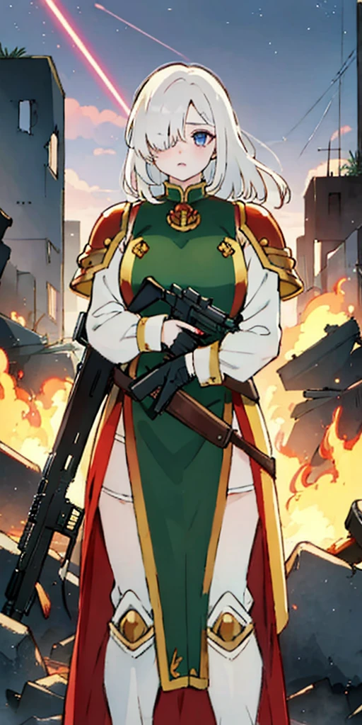 (masterpiece:1.2), (best quality:1.2), perfect eyes, perfect face, perfect lighting, 1girl, mature whsororitas with a laser rifle in her hands, scar over one eye, eyepatch, red tabard, white hair, warhammer 40k, chaos, fire, scifi, detailed ruined city background, power armor